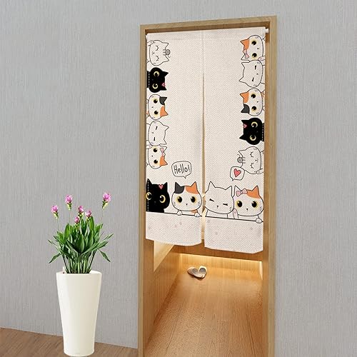 Miniatura 9 de Cortina de puerta japonesa Noren roja de Navidad, cortina Noren divertida cortina de muñeco de nieve y gato, árbol de Navidad, tapiz de entrada,