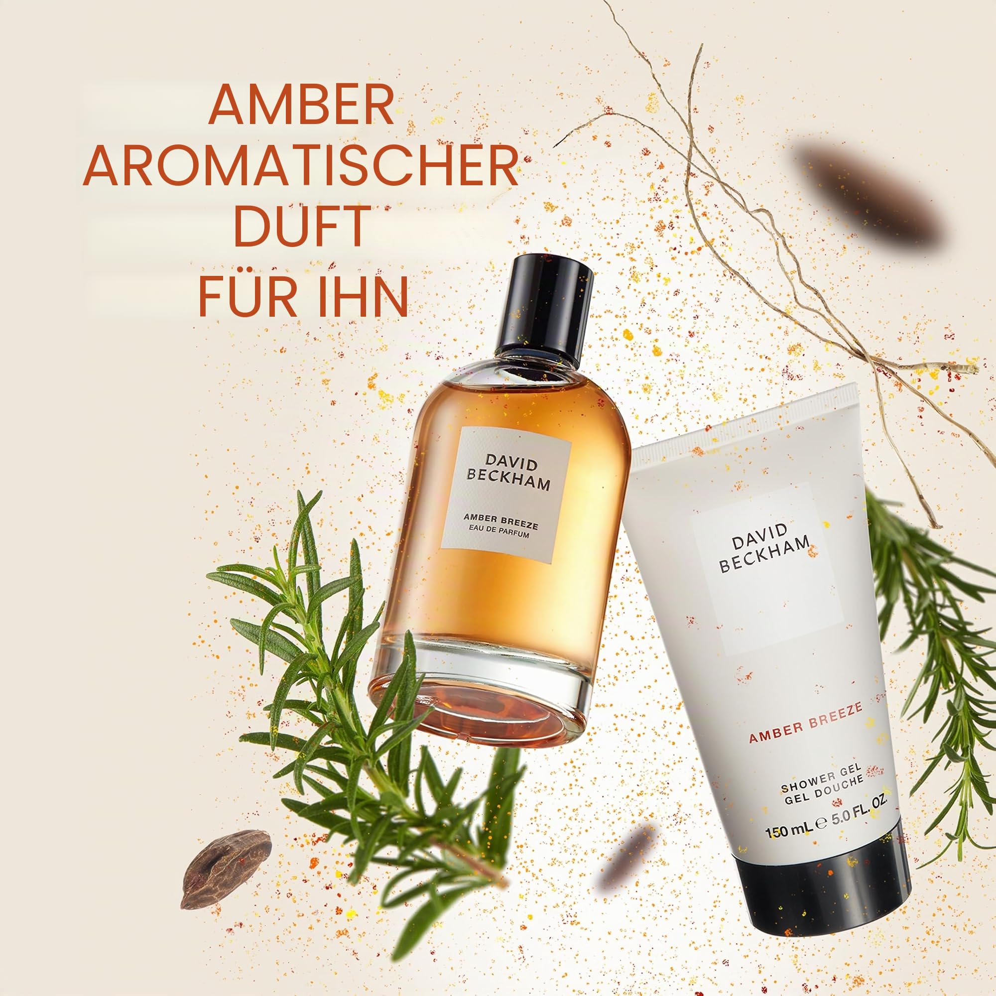 David Beckham Geschenkbox Amber Breeze, Eau de Parfum 100 ml und Duschgel 150 ml, aromatischer bernsteinfarbener Duft für Ihn
