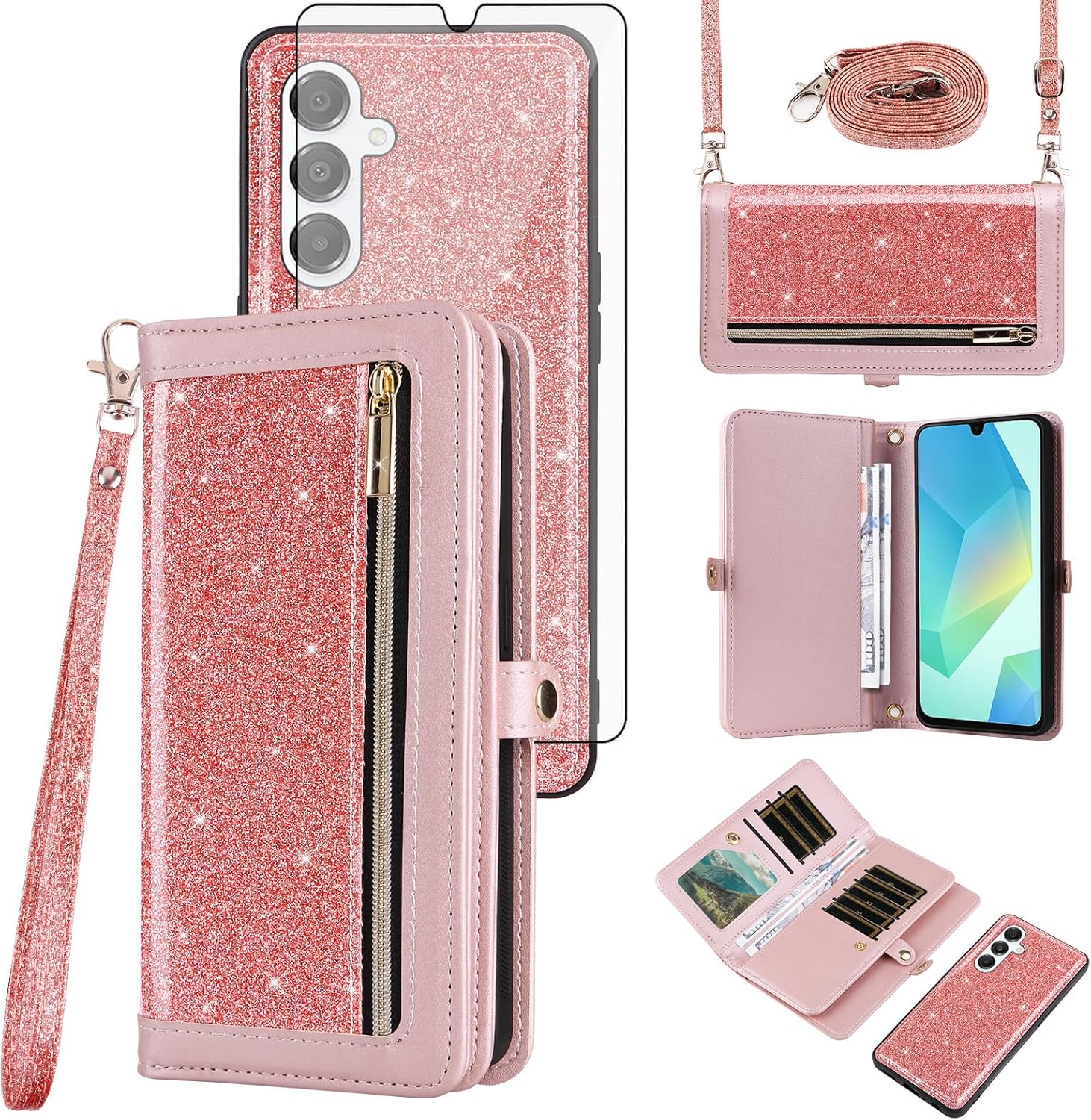 Asuwish Phone Case for Samsung Galaxy A16 5G/4G Zipper Wallet Cell Cover with Tempered Glass Screen Protector Crossbody Lanyard Strap Bling Glitter Flip Card Holder Slot A 16 16A SM-A166U Women Pink