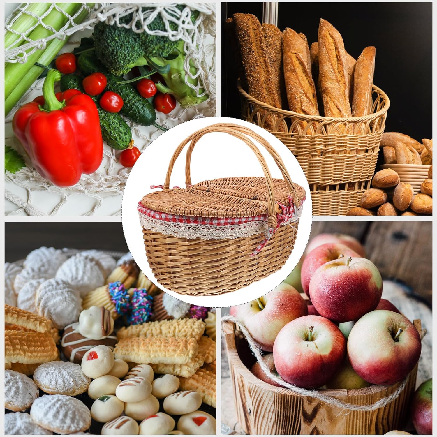 Wicker Picnic Basket with Lid and Handle Rustic Hand-Woven Picnic Hamper for Outdoor Travel 40x28x19cm Red Plaid