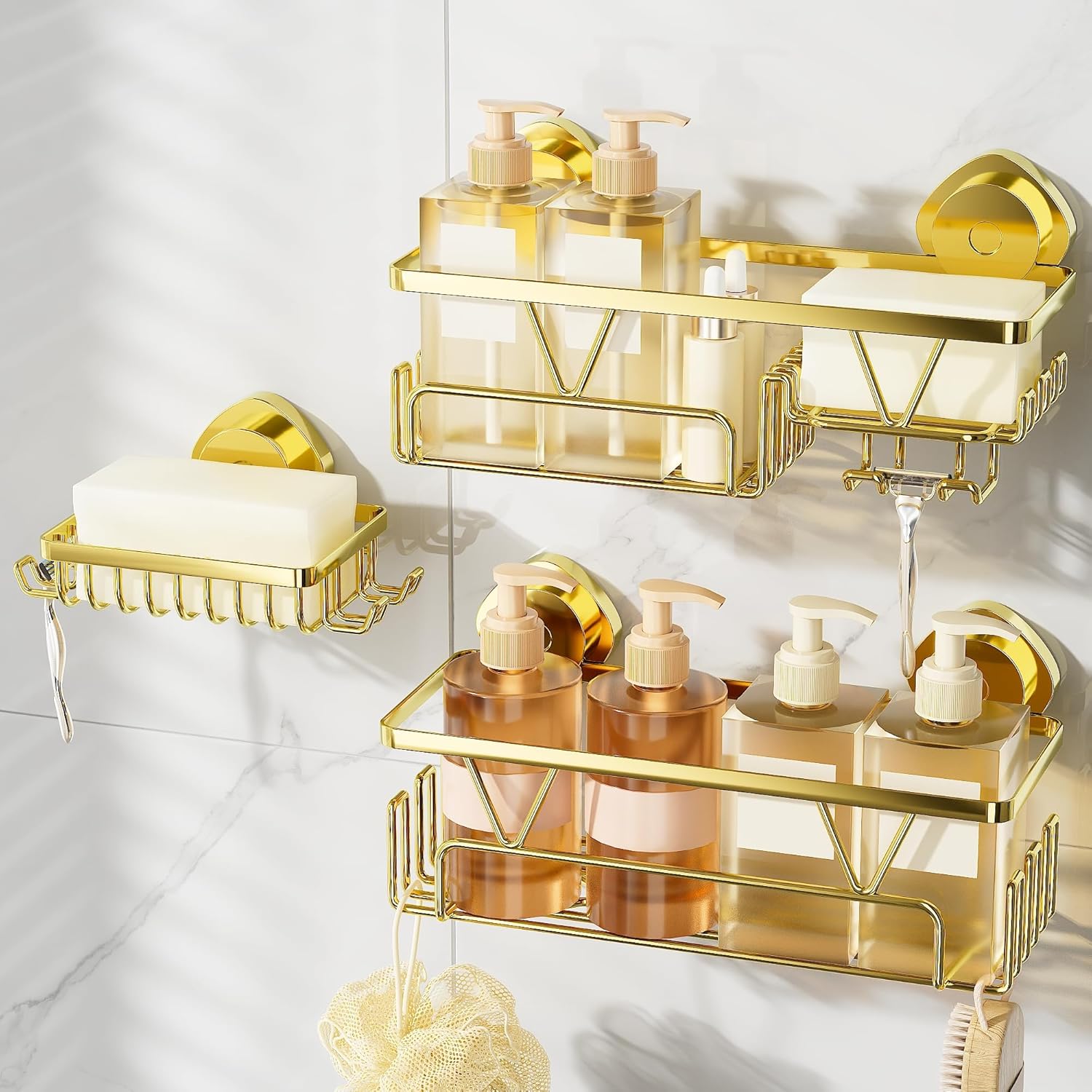 KEGII Suction Cup Shower Caddy – 3 Pack Suction Cup Shelf with Soap Holder & Hooks, Rustproof Stainless Steel Shower Organizer, Removable No Drilling Bathroom Storage Rack, Gold