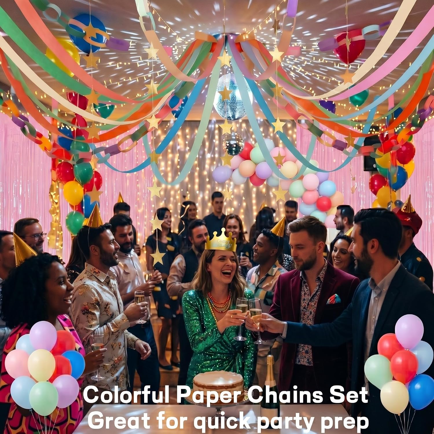 618 Pcs Paper Chain Garland Set, Pastel Ceiling Decor for Birthday, Wedding & Party, Includes 500 Paper Chain Strips, Balloons, Crepe Streamers, Star Garlands, Fringe Backdrop, Felt Pennant Flag