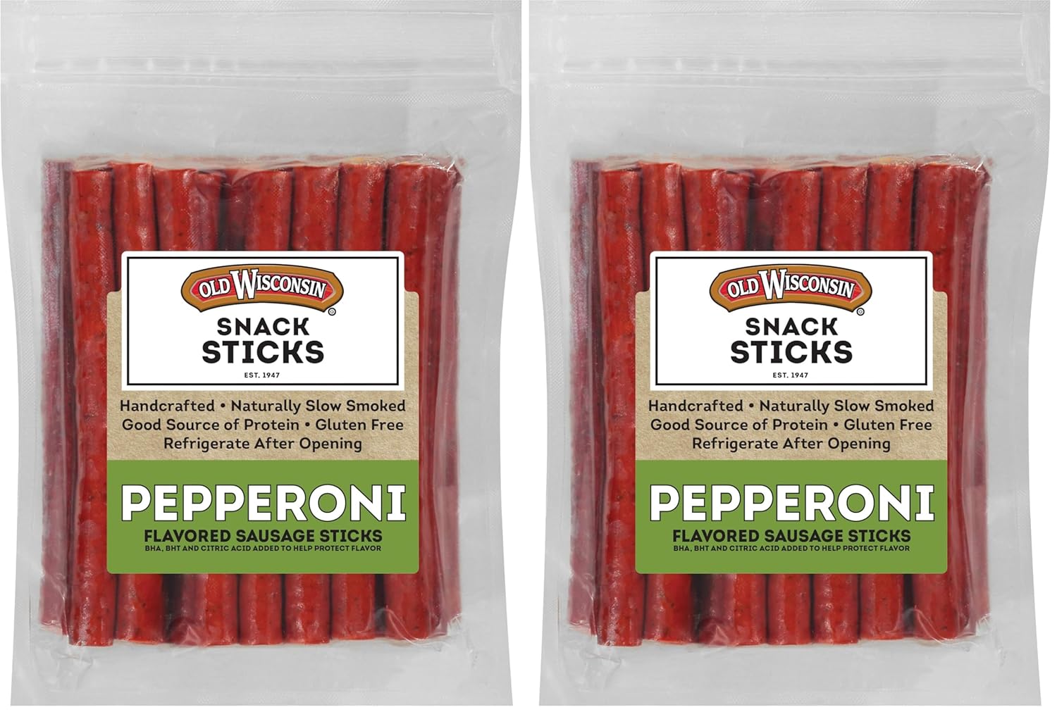 Old Wisconsin Pepperoni Sausage Snack Sticks,Naturally Smoked,Ready to Eat,High Protein,Low Carb,Keto,Gluten Free,28 Ounce Resealable Package,(Pack of 2)