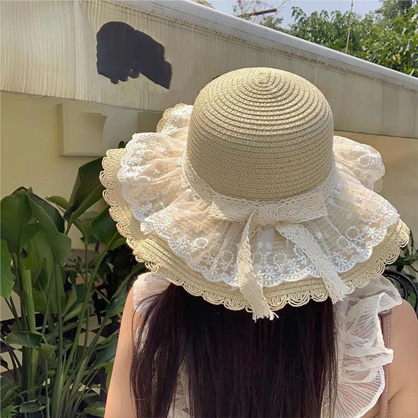 MRKU Chapeau de Soleil d'été pour Femme, idéal pour la Plage. Chapeau bob en Paille avec nœud en Dentelle, Protection UV et Large Bord.