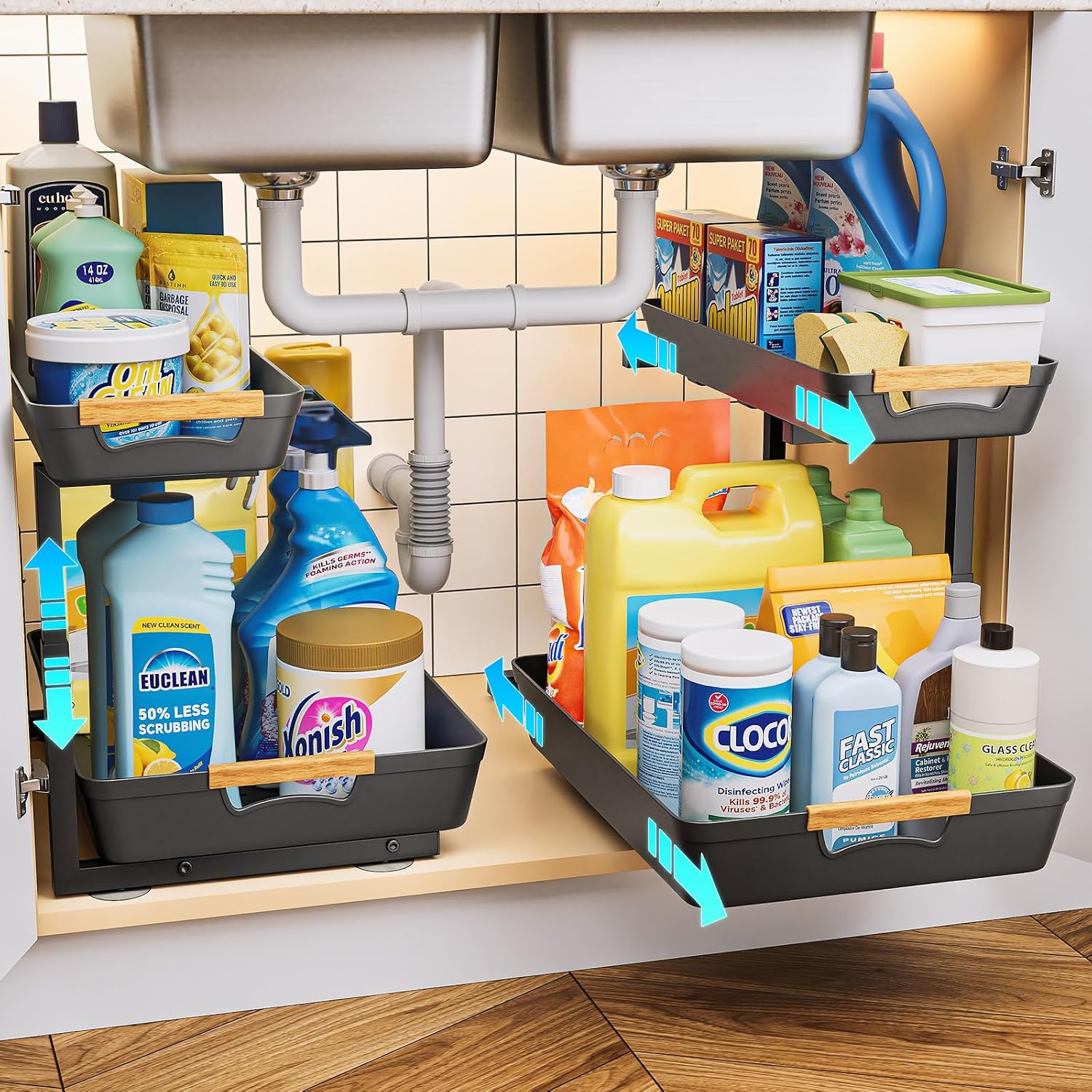 EUHOME Under Sink Organizer EUHOME Under Sink Organizer, 2 Tier Adjustable Height Under Sink Organizers and Storage, L-Shaped Slide Out Pull Out Cabinet Organizers for Bathroom Kitchen Pantry (2 Pack, Black) sold by EUHOME - Amazon Seller - US