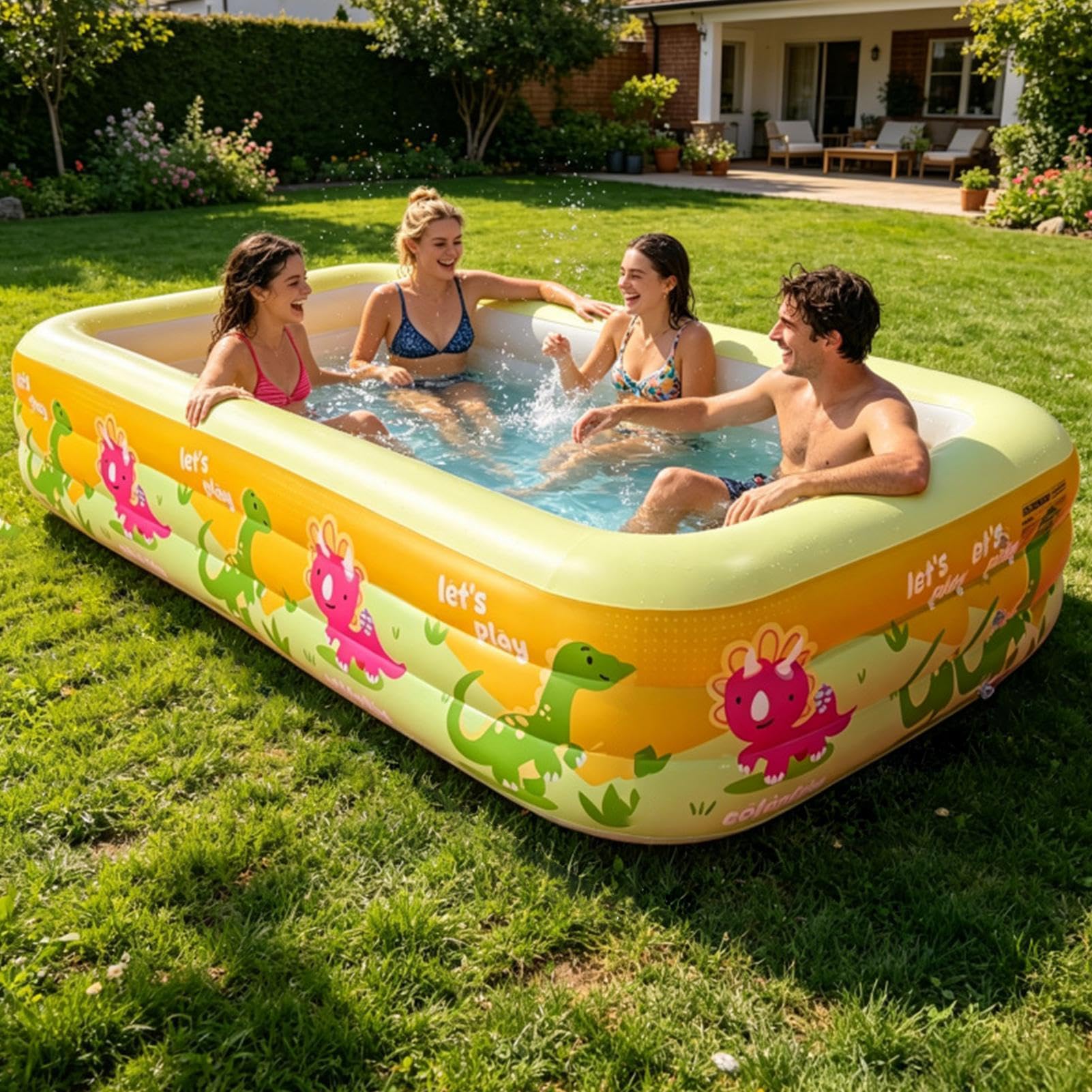 Kinderpools PVC Aufblasbarer Pool Für Kinder Und Erwachsene, Familienpool | Großer Rechteckiger Badewanne Mit Dinosaurier-Motiv, Tragbare Aufblasbares Kindergarten-Pool Für Garten, Terrasse, Sommer