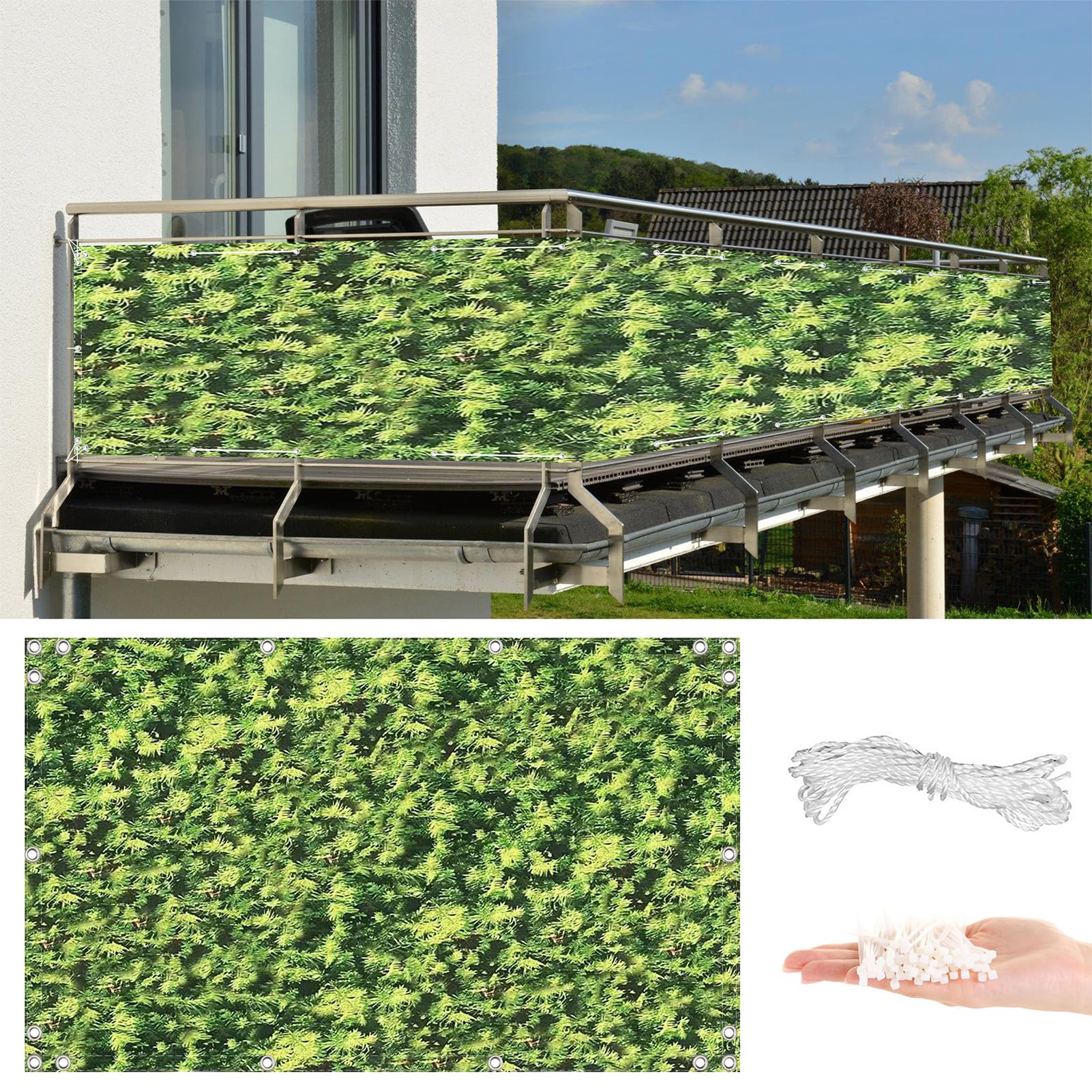 AYLFBFU Balcony Privacy Screen 2m x 6m, Water Resistance HDPE Fabric, Shade Net Cover No Drilling, with Cable Ties, Privacy Netting for Patio, Pool, Porch Fence, Green Leaf Pattern