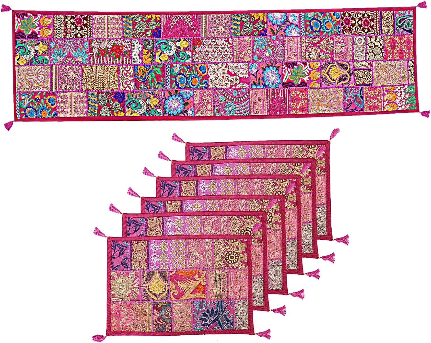 Treen Art 1 Table Runner with 6 Placemats for Kitchen, Dining, Living Room, Bedroom, Christmas, Decor Table Dinning Cloth Handmade Decorative Art Embroidered Patchwork (Pink, 20" x 60")