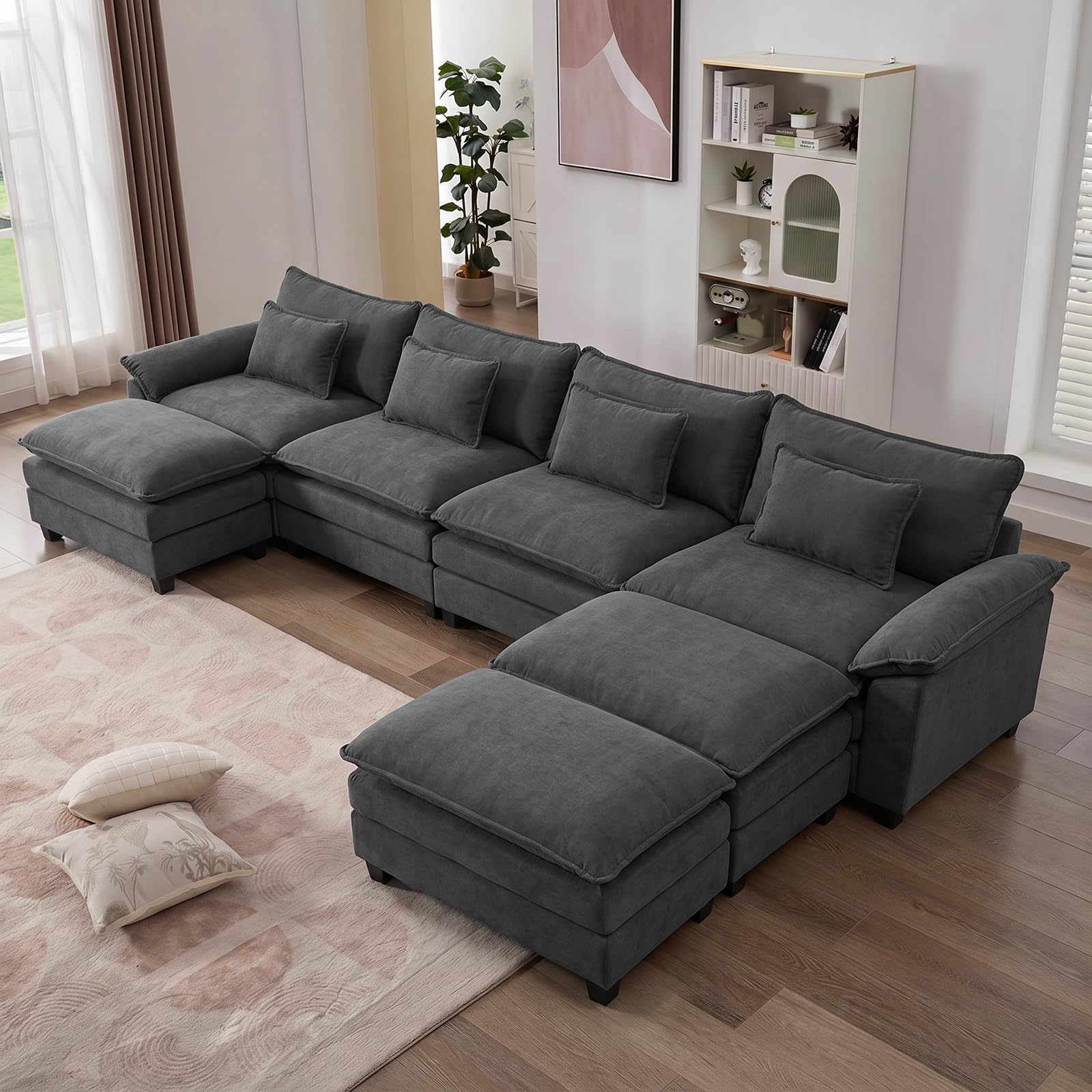 IPKIG 154 inch velvet C-shaped sectional sofa in dark grey with ottoman