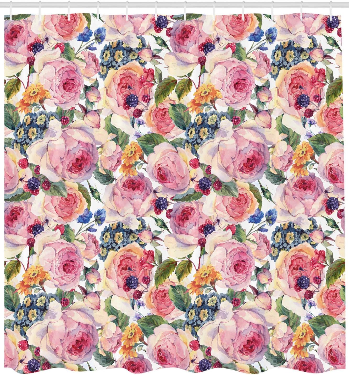 Ambesonne Shabby Flora Shower Curtain, Country Life Design with Flowers Florals Roses Orchids Buds Romantic Print, Cloth Fabric Bathroom Decor Set with Hooks, 69" W x 70" L, White Multicolor