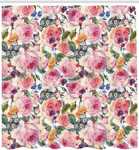 Miniatura 2 de Ambesonne Shabby Flora - Cortina de ducha, diseño de vida rural con flores, rosas, orquídeas, brotes, estampado romántico, juego de decoración de