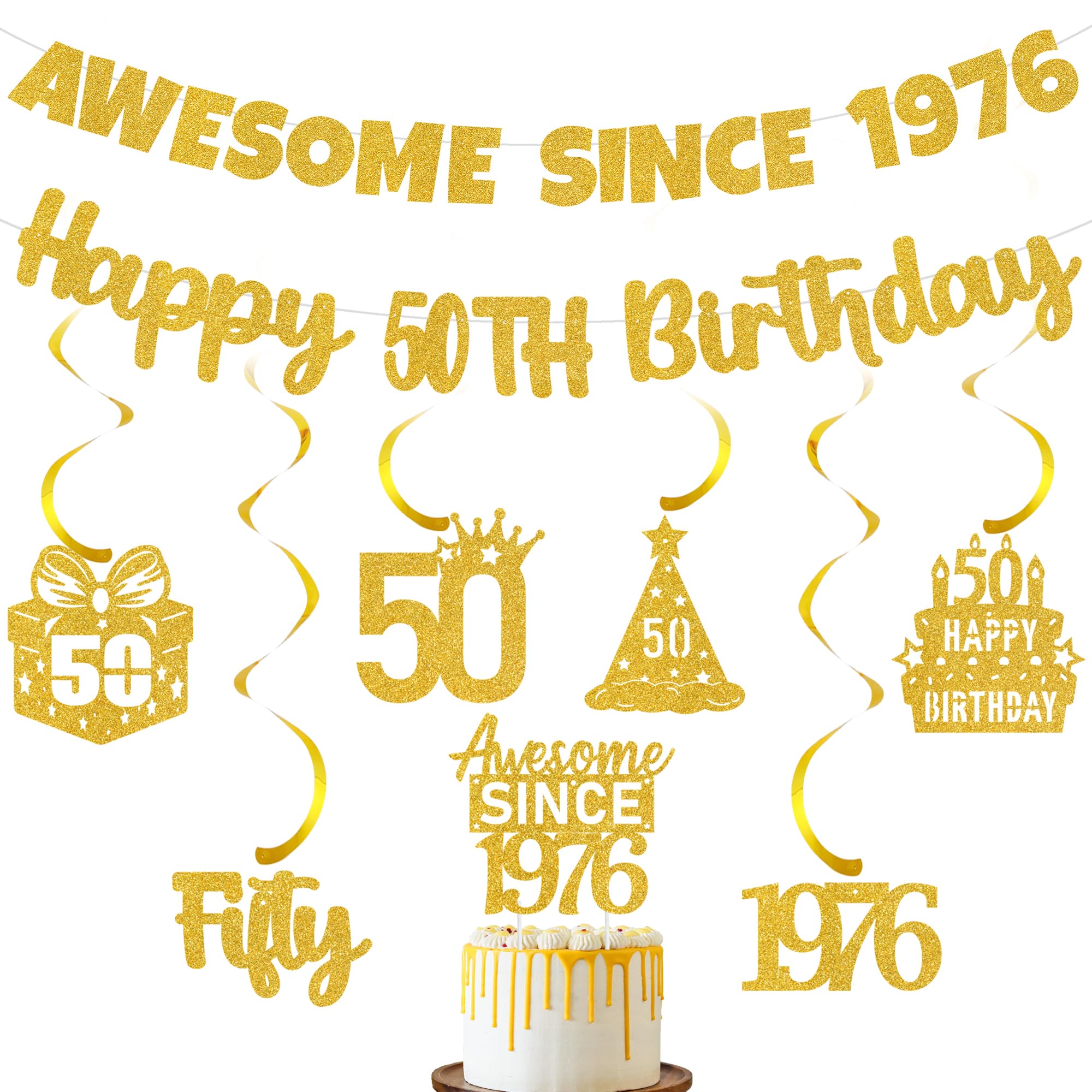 Gold Glitter 50th Birthday Banner - Awesome Since 1976 Decorations with Hanging Swirls and Cake Topper, Party Supplies for Women and Men 50 Year Old Celebration