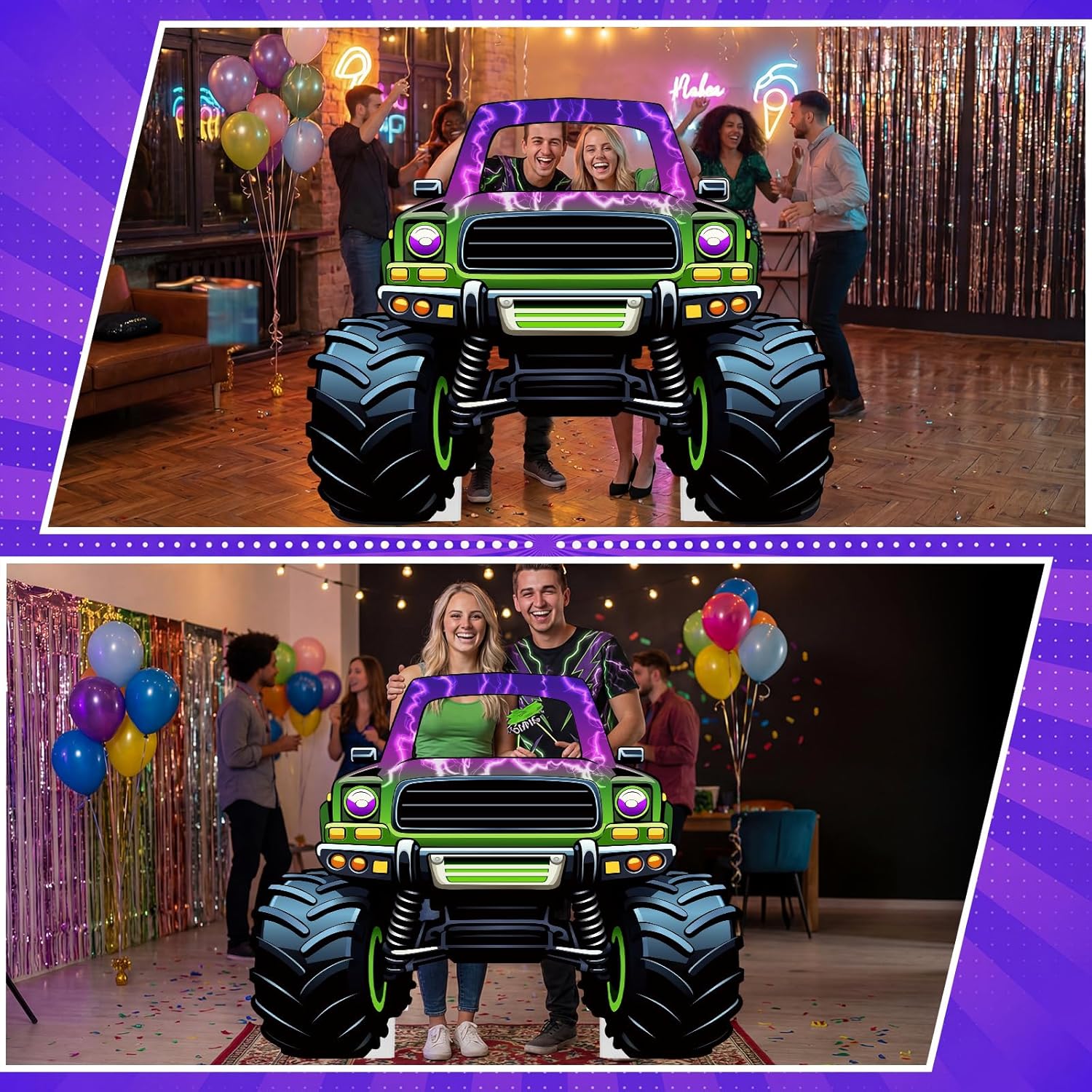 Capoda Monster Truck Cardboard Photo Prop 60x48 Inch Large Racing Car Photo Cutout Stand Up Backdrop with Face Hole Flame Off-Road Vehicle Prop for Birthday Party Decorations (Purple Truck)
