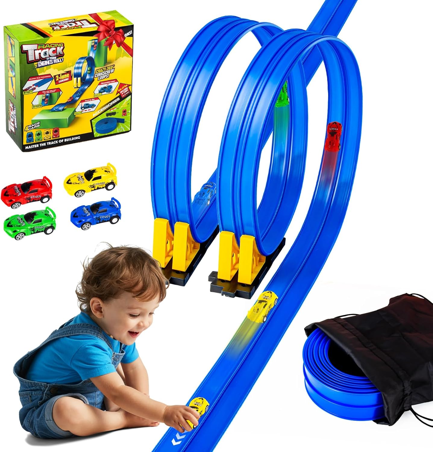Flex Tracks 16.4 Ft Flexible Race Track for Kids Portable DIY Roll-Up Race Car Track Compatible with Diecast 1/64th Cars Birthday Gifts Easter Basket Stuffers for Kids for Boys Girls Ages 3+
