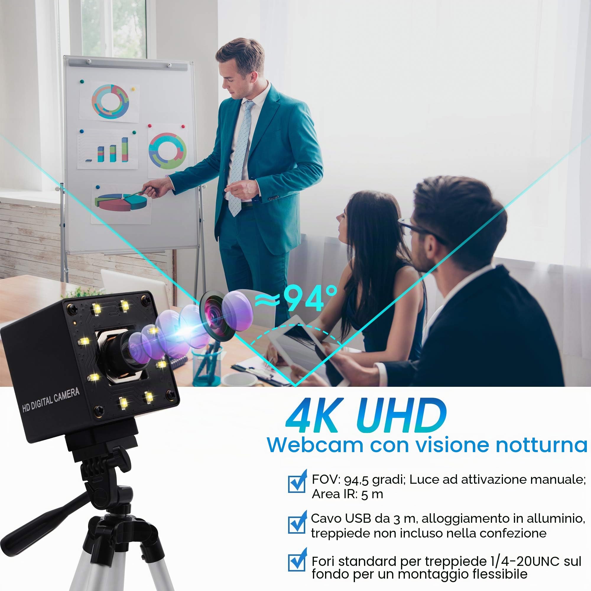 ELP Webcam 4K Autofocus USB visione notturna No-Distortion IMX415 Sensore Ultra HD Camera 3840x2160@30fps, UVC compatibile per videoconferenze