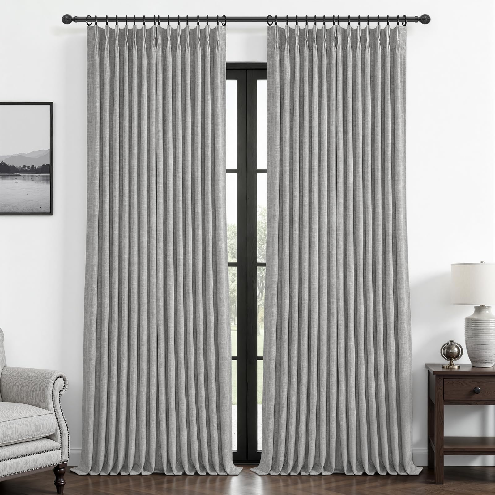 Extra Long 120 Inch Blackout High Ceiling Curtains for Living Room, Light Grey Memory Trained Pinch Pleated Soundproof Heat Blocking Two Layer Linen Textured Windows Curtain 10FT Length 2 Panels Set