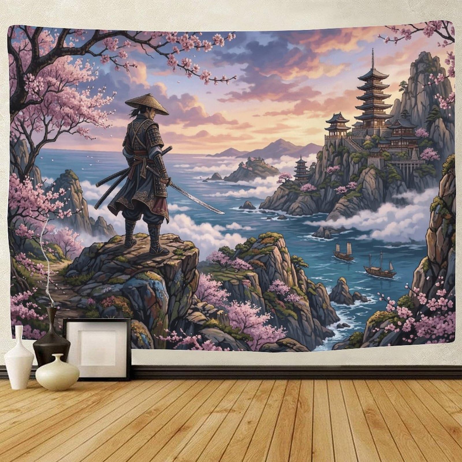 GPMNBCXZK Japanese Samurai Cherry Blossom 3D Printed Bedroom Living Room Wall Art Tapestry Decor Dorm 100cmx150cm