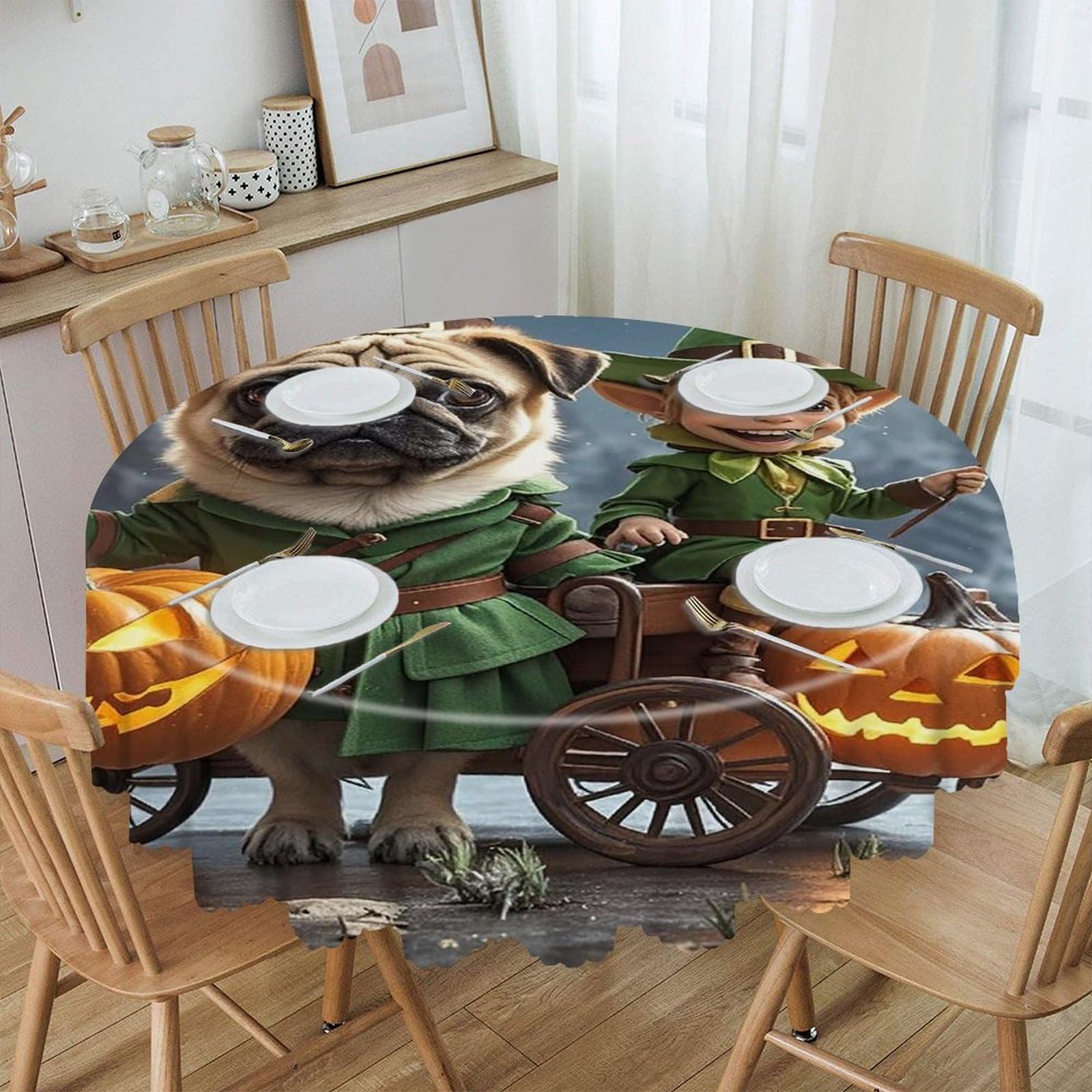 FekiLoot Dog Holding Pumpkin Lantern Round Tablecloths 60 Inch Resistant Washable Polyester Table Cloth Style Decorative Circle Fabric Table Cover for Dining Kitchen Party Farmhouse Outdoor