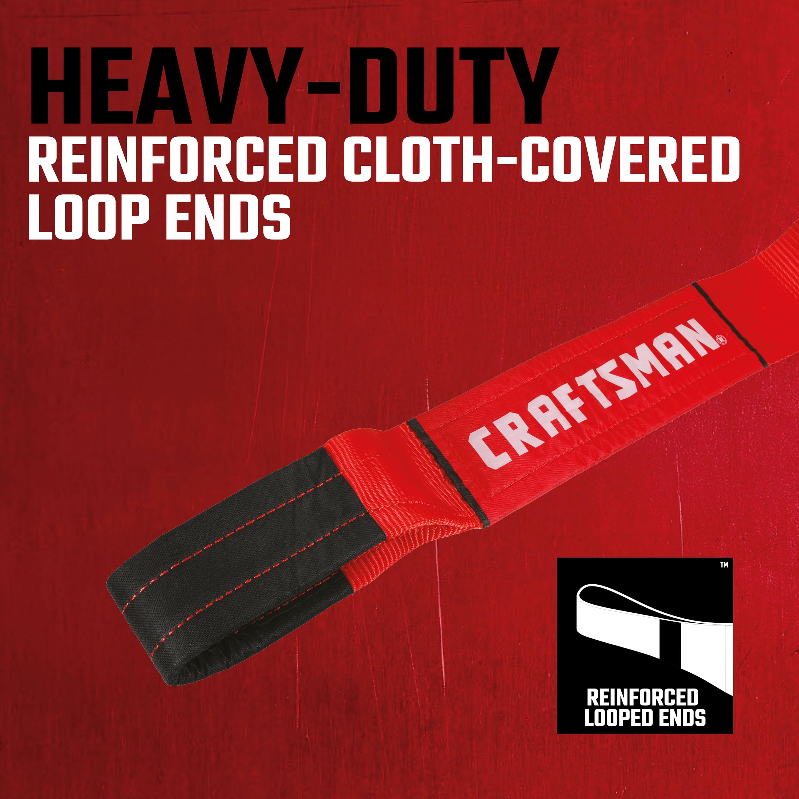 CRAFTSMAN CMXAZBS2003 - Cinghia di traino resistente per recupero, con estremità ad anello, carico sicuro da 3 kg, resistenza alla rottura, 9 kg, colore: Nero/Rosso