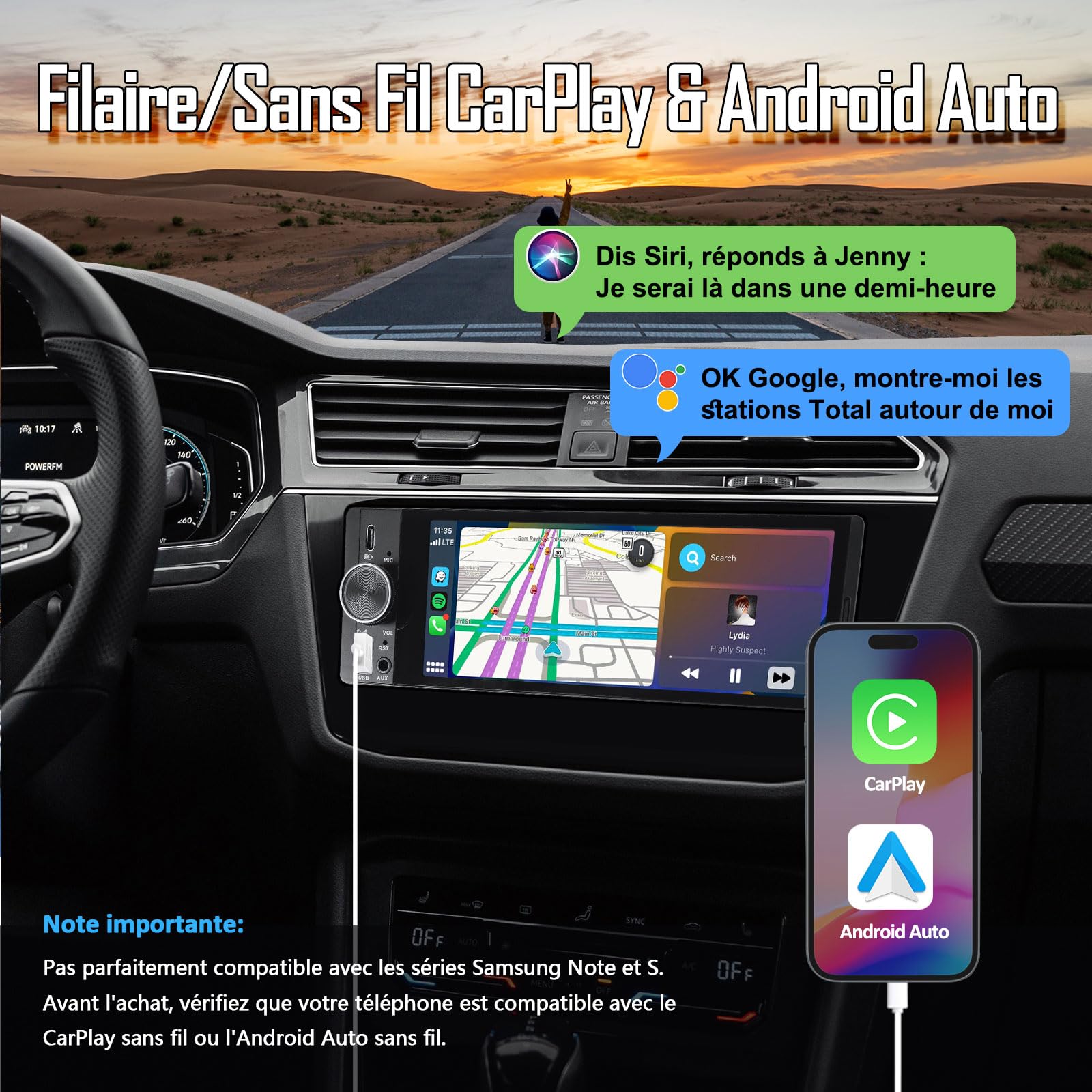 Autoradio 1 DIN, CarPlay Voiture & Android Auto sans Fil, Poste Radio Bluetooth Appels Main Libre, 6,36 Pouces HD Écran Tactile, Navigation GPS, Contrôle Vocal, AUX/FM, Mirror Link, USB Type-C