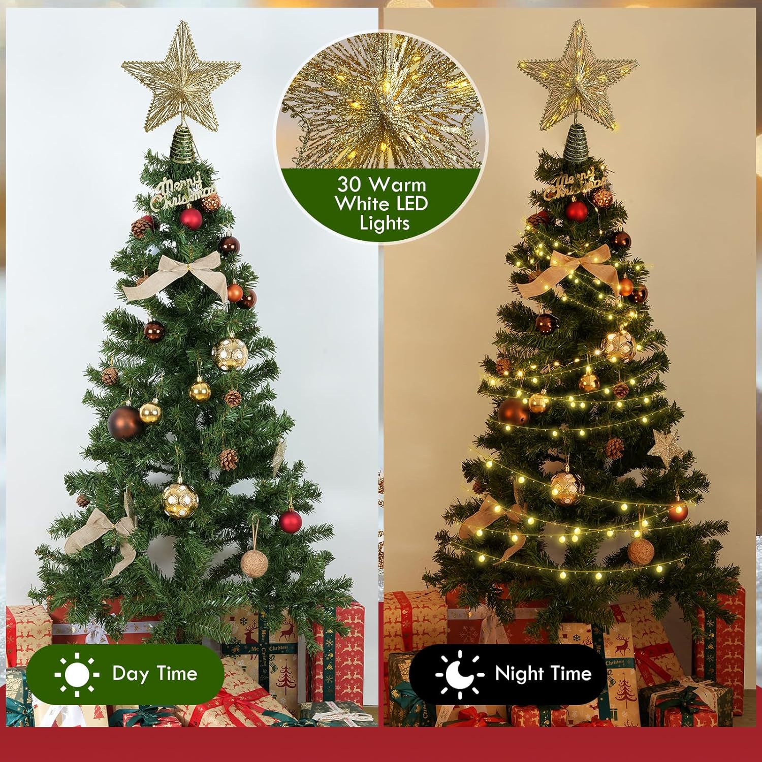 Christmas Tree Topper Star 12 Inch Gold Glitter Hollow Star Tree Topper Metal with Warm White 30 LED Lights for Xmas Decorations Ornaments Indoor Decor Holiday Party