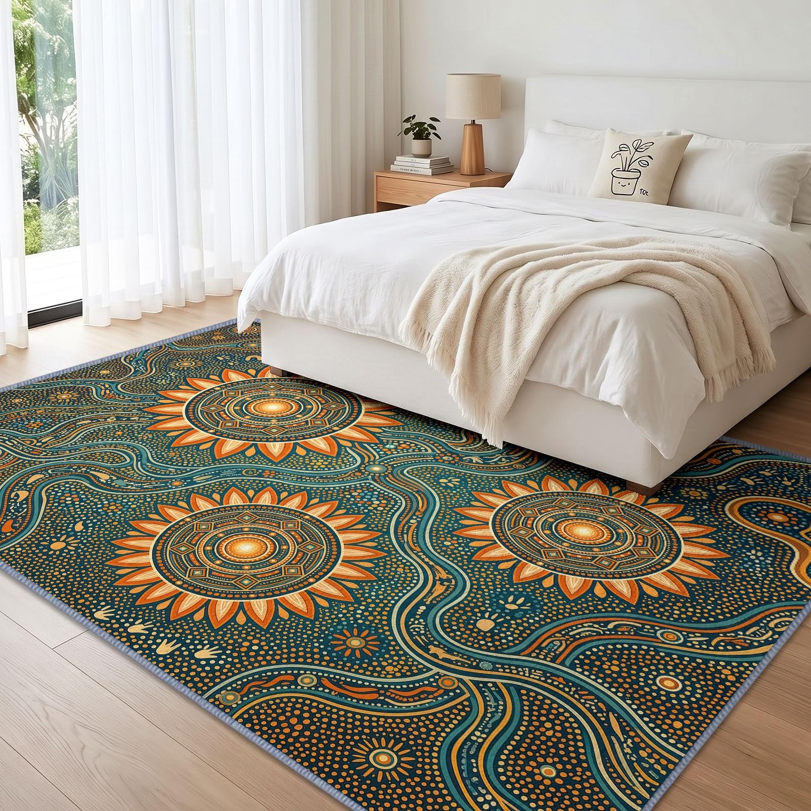 Générique Lavable en Machine Tapis Salon 140x200 cm, Soleil Symbole Antidérapant à Poil Ras Tapis, Ethnique Bohème Tribal Exotique Écologique pour Salle à Manger Couloir Chambre Bureau