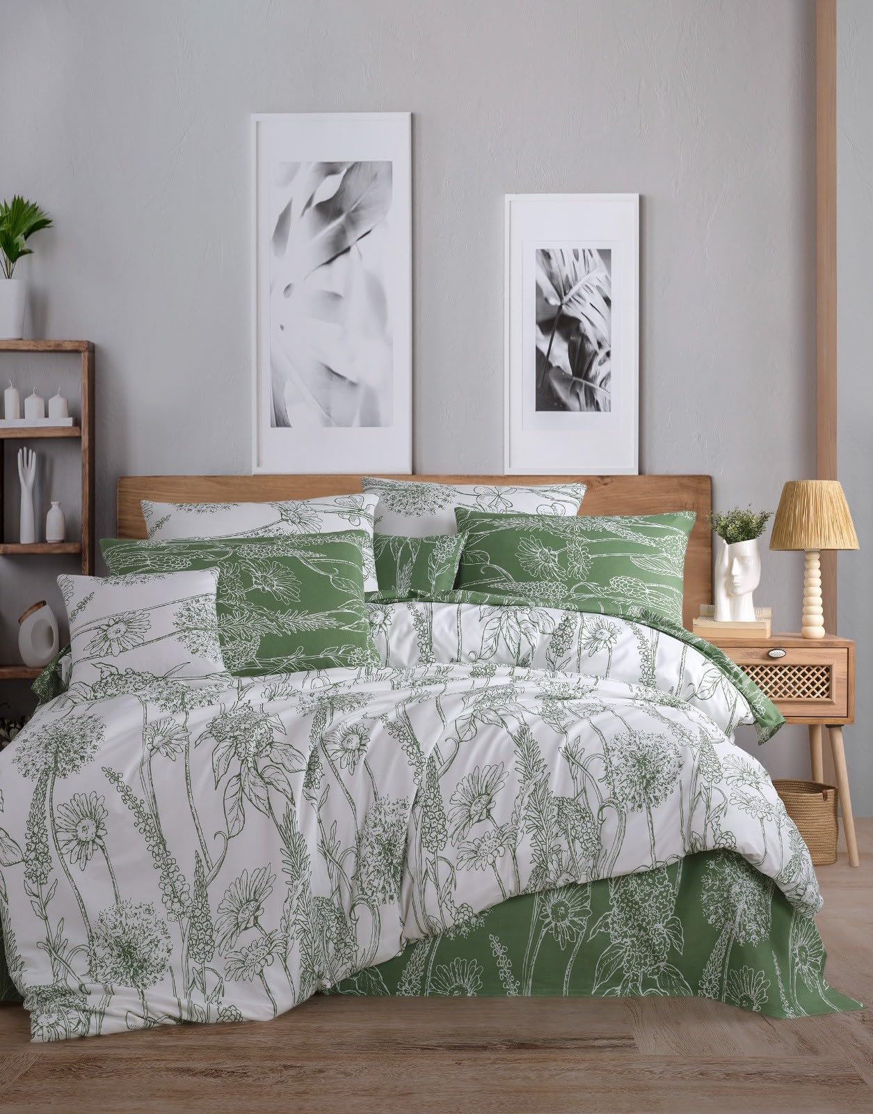 Nuit Des Rêves White Green Ranforce Single Xl Quilt Cover Set, 100% Cotton, 155 X 200 Cm Duvet & 80 X 80 Cm Pillow Case, White & Green, Soft, Durable, Perfect For Cosy Bedrooms