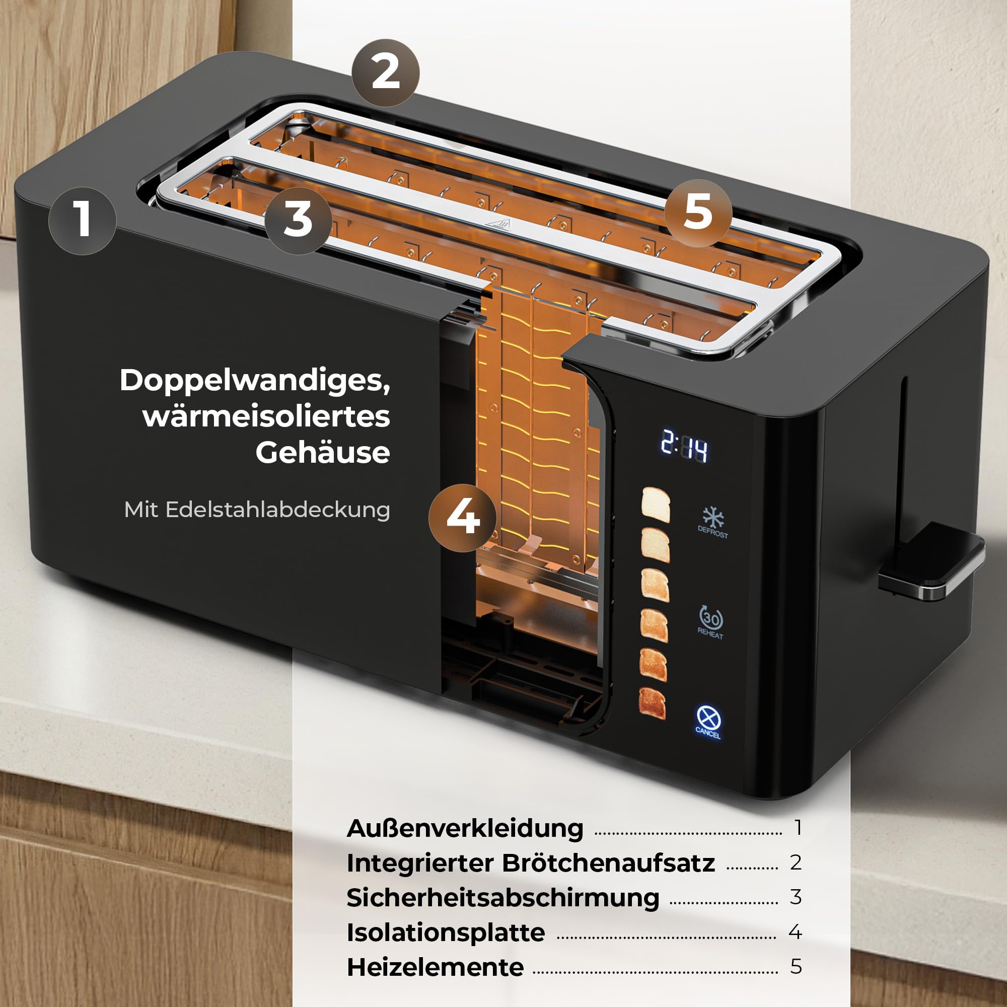 Balter Toaster 4 Scheiben, Touch Bedienung, Langschlitz, Edelstahl, Brötchenaufsatz, LCD Display Langschlitztoaster, Auftaufunktion, Brotzentrierung, TS-44 Schwarz matt