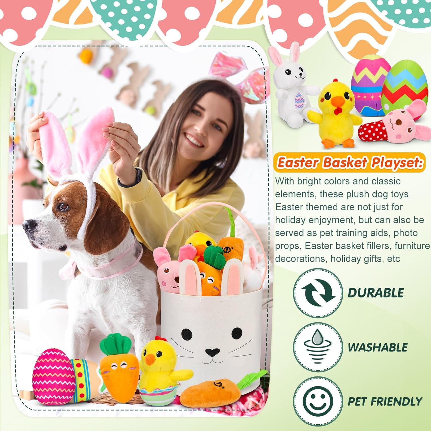 12 Pcs Easter Basket Playset, Easter Dog Toys, Dog Squeaky Toys Plush Easter Eggs Bunny Shape Stuffed Dog Toy Interactive Chew Toy for Dogs Training Teeth Easter Decoration