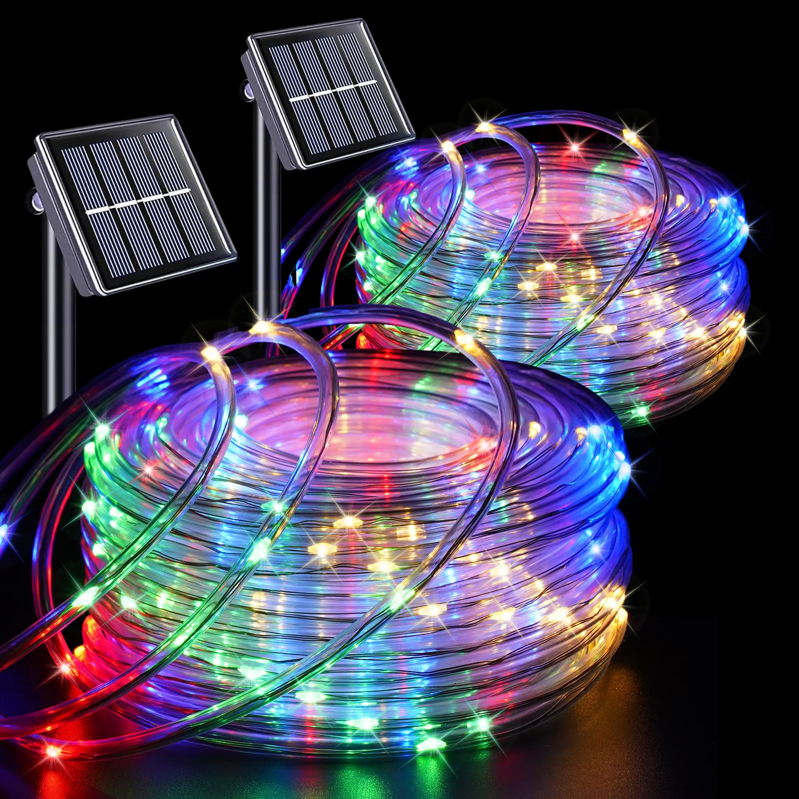 QITONG Luci solari impermeabili per esterni, confezione da 2 pezzi ciascuno da 10 m, 100 LED multicolore, luci per trampolino, luci fatate in tubo sottile trasparente con 8 modalità