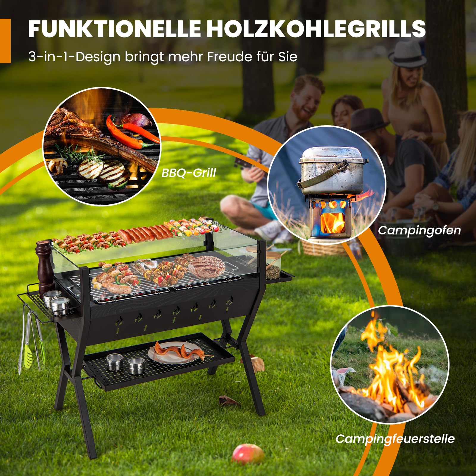 GOPLUS Grill na węgiel drzewny 3 w 1, wielofunkcyjny grill ogrodowy ze stali nierdzewnej z dużą powierzchnią grillowania, ochroną przed wiatrem i półkami, stojący grill BBQ na piknik, imprezę, kemping