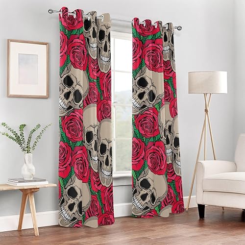 Miniatura 2 de Cortinas opacas con diseño de rosas rojas de calaveras de 84 pulgadas de largo para dormitorio y sala de estar, cortinas opacas con aislamiento