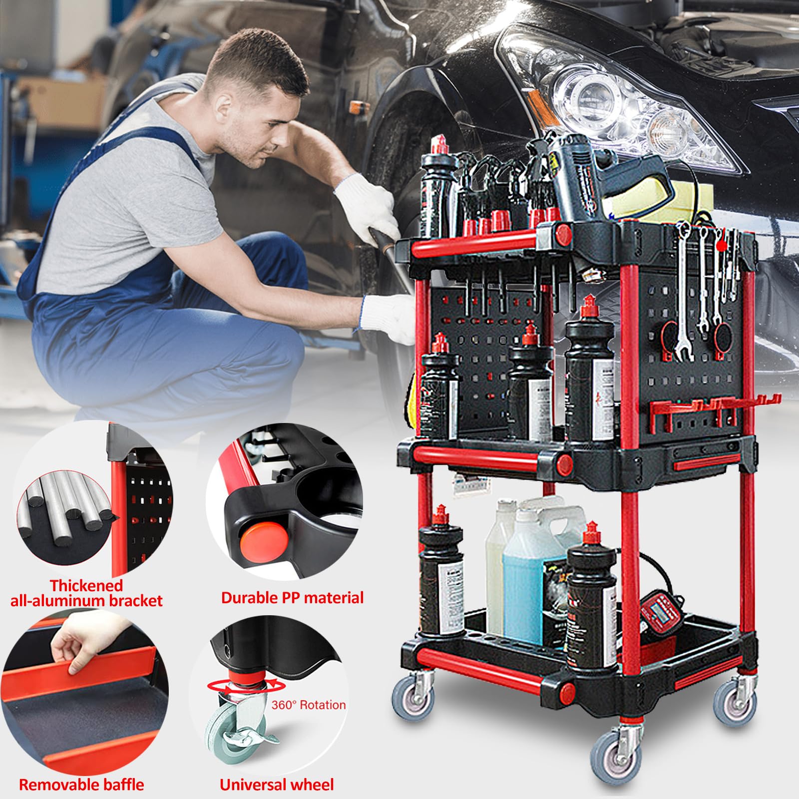 Crystals Chariot à Outils Sur Roulettes 3 Niveaux - Organiseur Robuste Avec Roues Verrouillables Et Poignée - Idéal Garage Atelier Maison