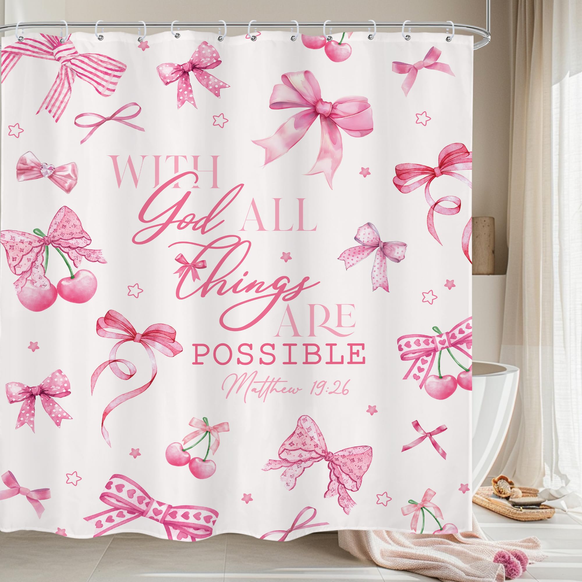 LIGHTINHOME Pink Bow Christian Shower Curtain 60Wx72H Inches Preppy Cherry Bible Verse Scripture Inspirational Quotes Girly Modern Cloth Fabric