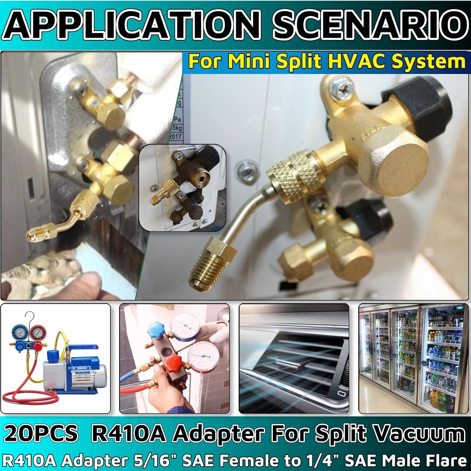 R410a Adapter for Mini Split System, Charging Vacuum Port Adapter, 5/16 Female 1/4 Male Flare, Valve Core Remover, R134A Hose Gaskets, 5V1 Valve Cores, for Air Conditioners Refrigeration HVAC Service