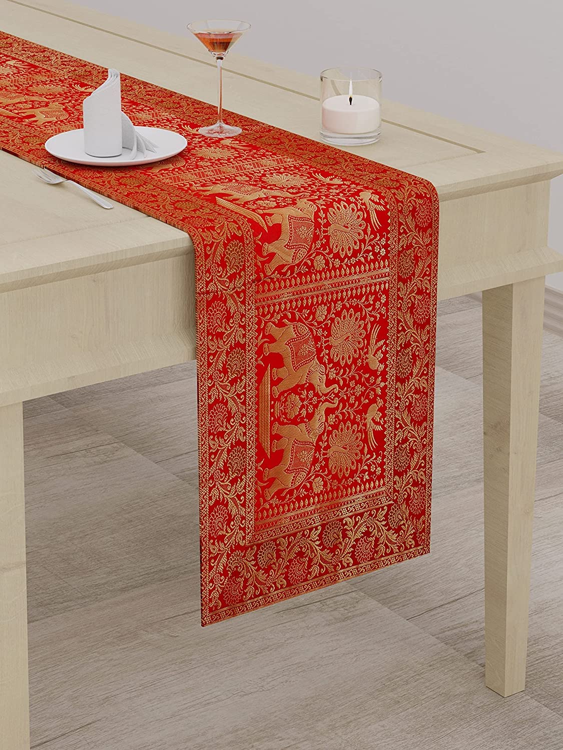 Home Decor Brocade Silk Table Runner for Dinning Table & Centre Table Elephant & Peacock / 16 X 60 Inches (Red)
