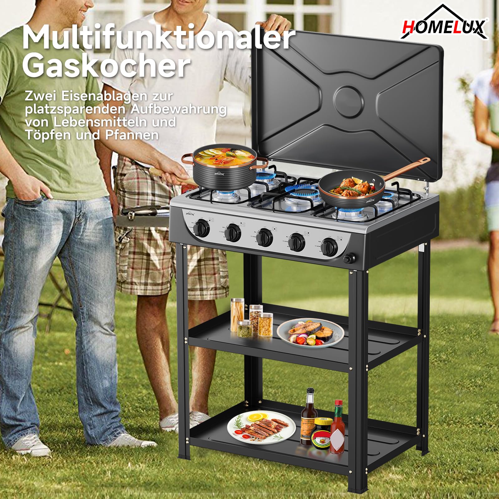 HOMELUX 7,2 KW Gaskocher Campingkocher 5 Flammig mit 1,5M Anschlussschlauch Druckminderer 50 mbar