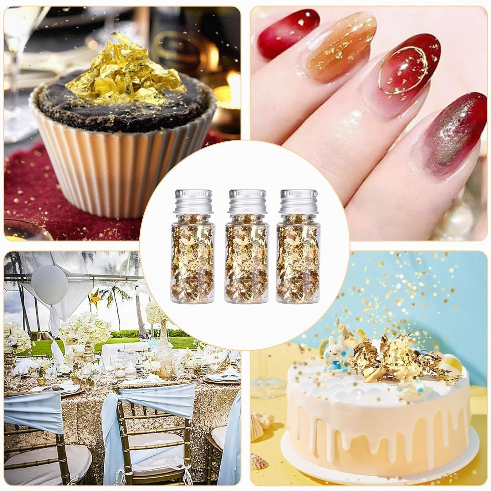 3 Botellas Hojas de Oro Comestibles - Pan Oro para Decorar de Pasteles - Pan Oro Manualidades para Maquillaje - Copos Lámina Oro para Tartas para Decoración Alimentos Pintura Uñas