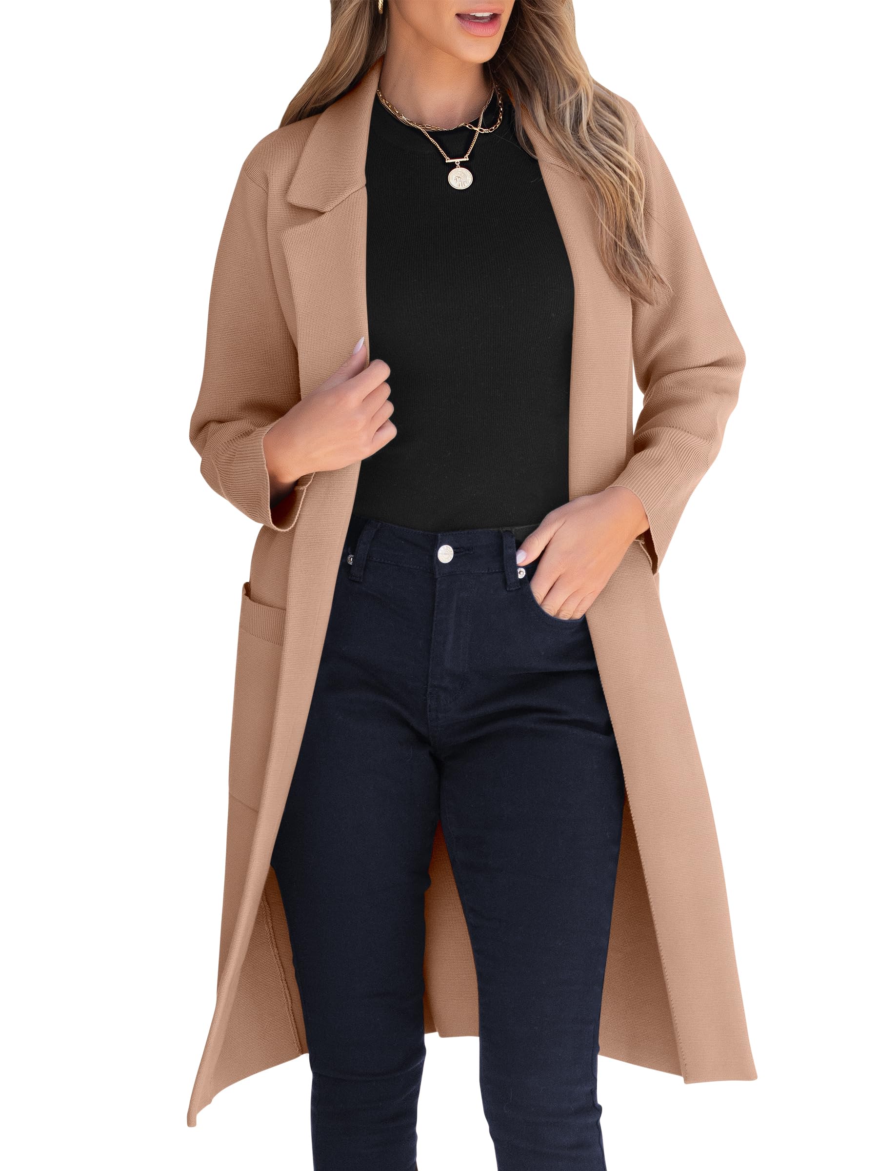 ANRABESS Womens Cardigan Sweater 2025 Fall Outfits Knitted Lapel Long Coats Coatigans