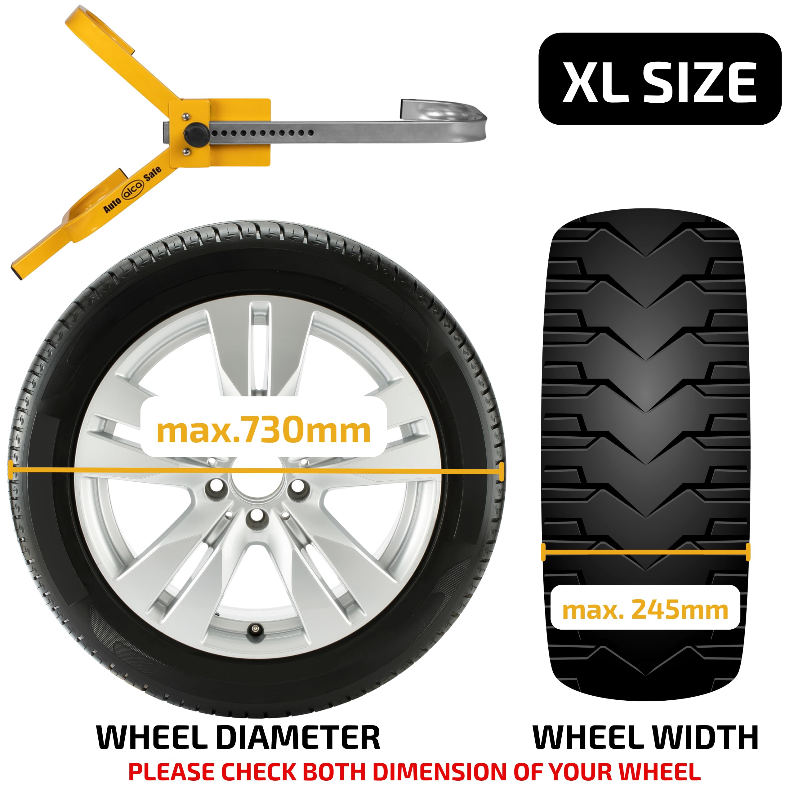 Samochód kempingowy zacisk do furgonetki, wysuwany duży rozmiar 16"-19" do 245 mm Heavy Duty Lock "Tresor XL"