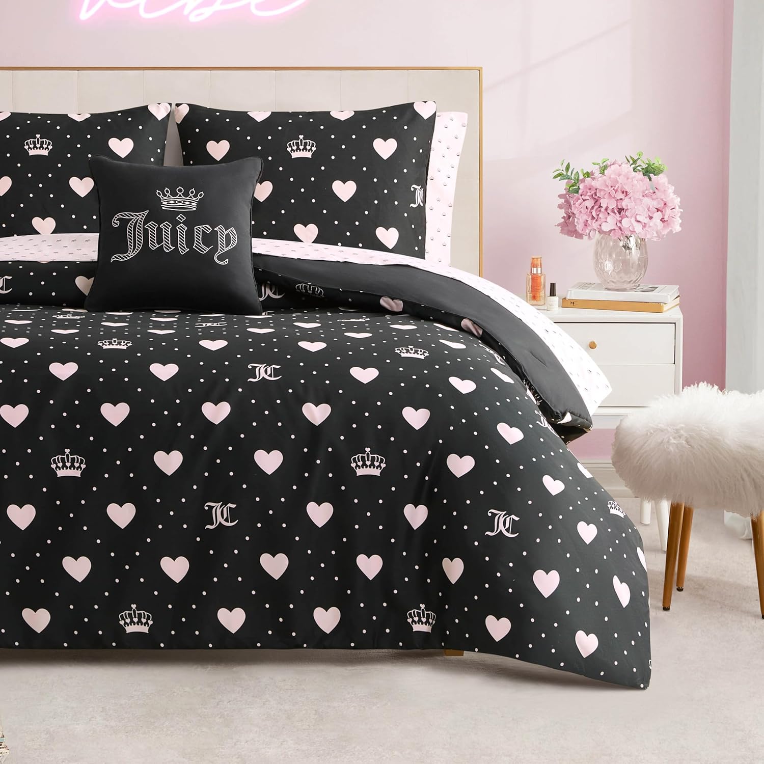Juicy Couture Hearts Diamond Black Comforter Set 8-Piece Bed in a Bag, King Bedding Set - Image 7