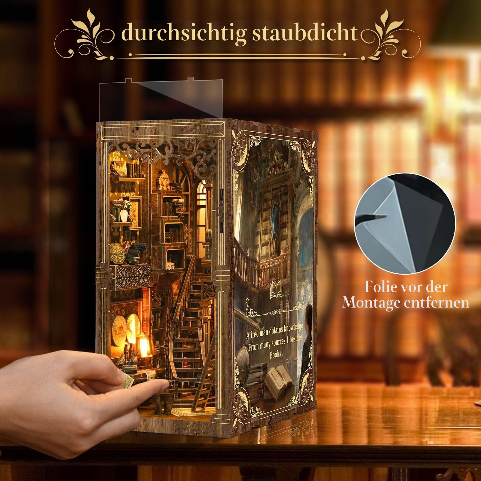 Book Nook Bausatz (Klassische Edition) – DIY Miniatur-Holzpuzzle | Vintage Bücherzimmer mit LED-Beleuchtung | 3D-Puppenhaus-Buchstütze für Bücherregal-Dekoration | Kreatives Geschenk