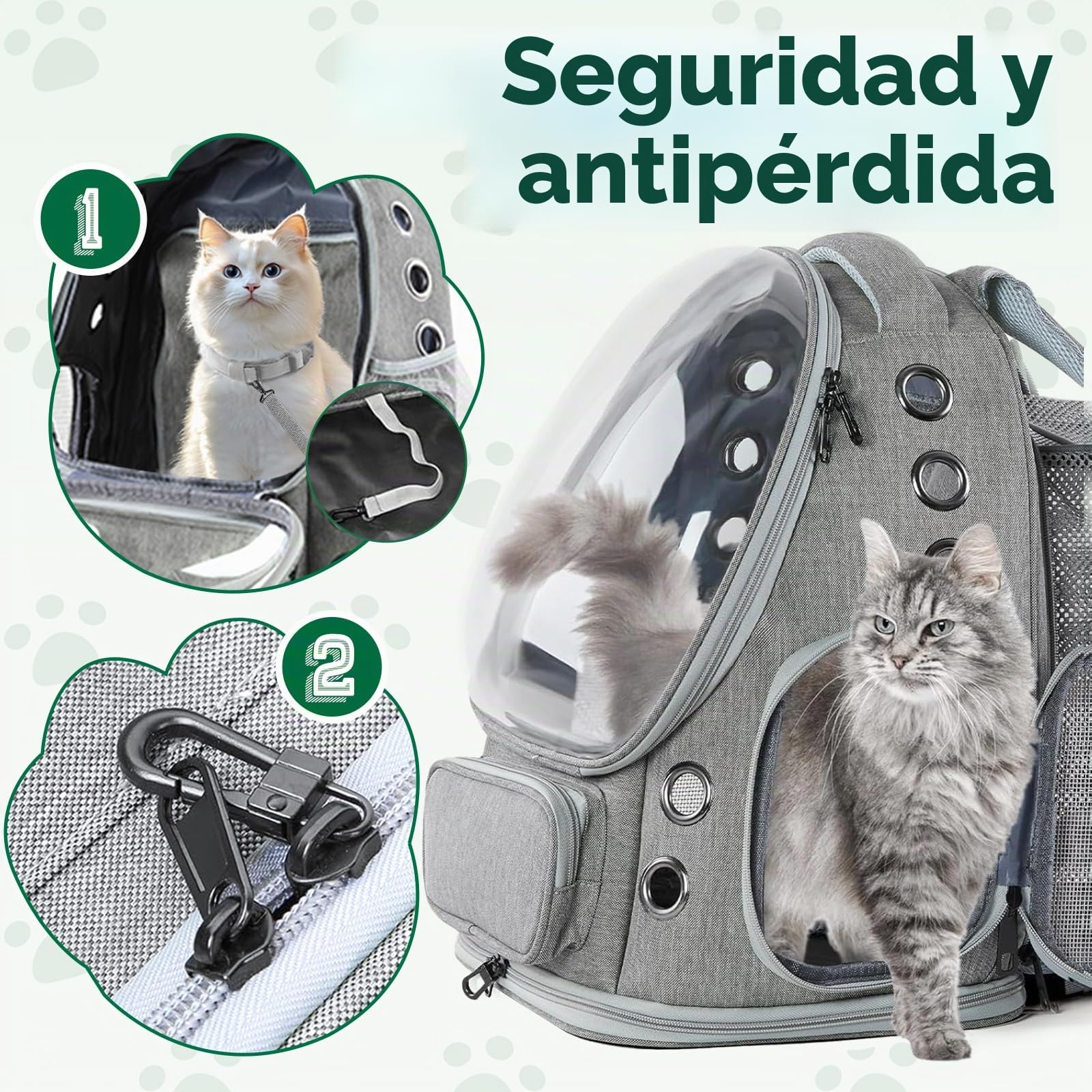 Transportin Mochila Gato Transparente Extensible, Mochila para Gatos Transporte Burbuja, Mochila Mascota Gato y Perros Pequeños Medianos hasta 8kg, Transpirable Plegable para Viajes Coche Gris
