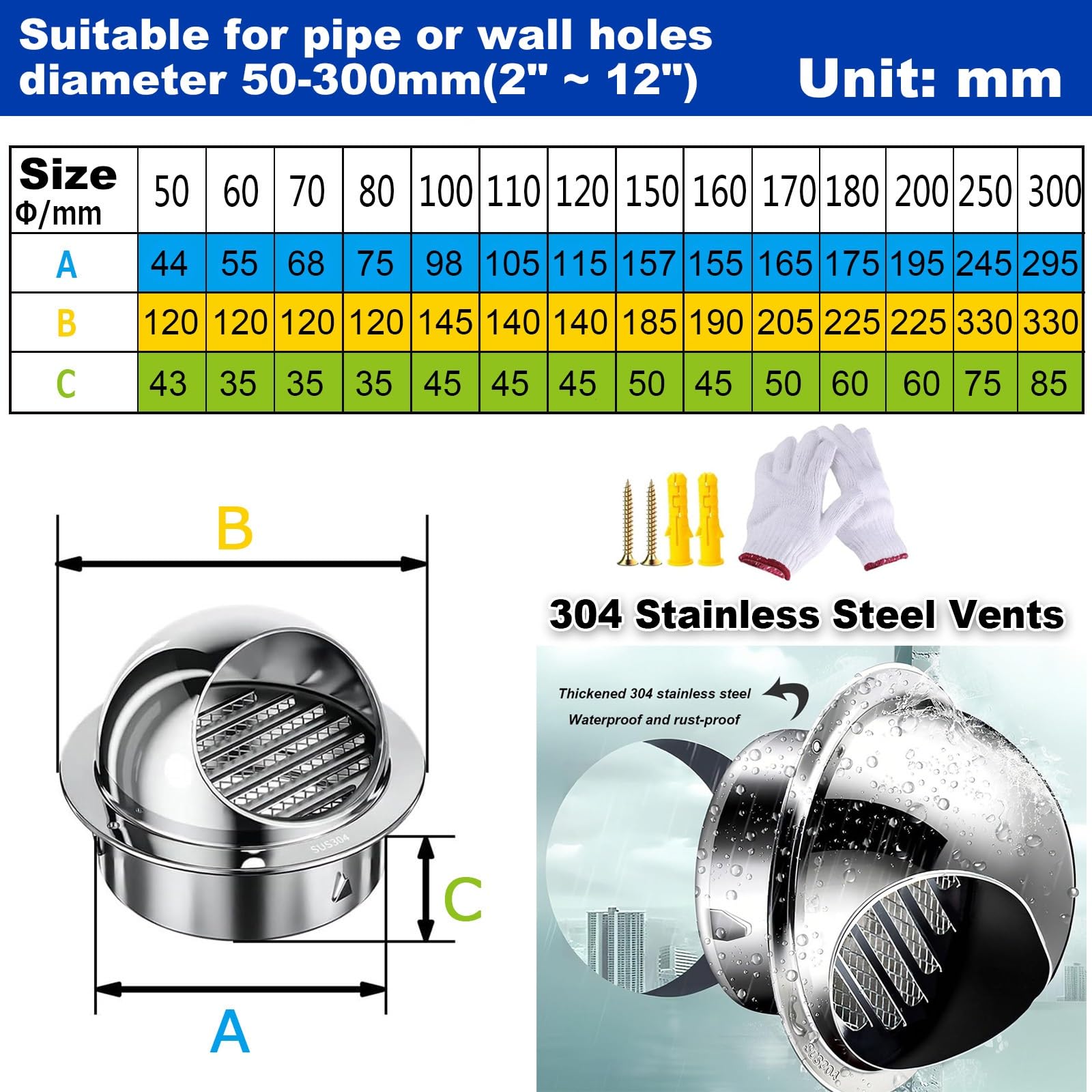 Grille D'aération Ronde Ø 70 100 150 200mm Sortie D'évacuation Décoration Murale, Hotte Grille De Ventilation En Acier Inoxydable, Résistant Aux Intempéries, Facile À Utiliser(300mm)
