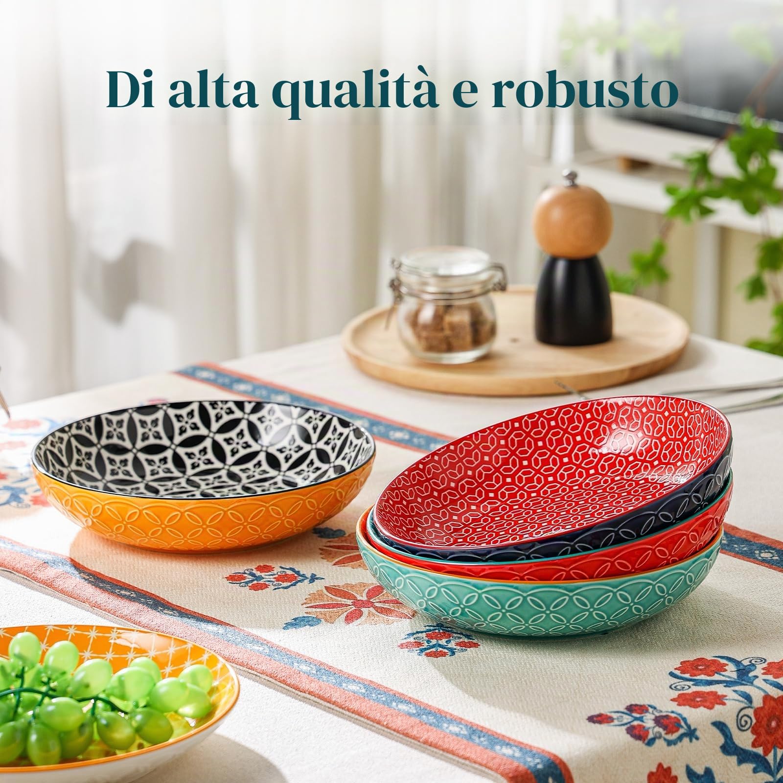 DOWAN Ciotole per Pasta dai Colori Vivaci, Grandi 20,5 cm, in Porcellana Set di 4, Ciotole per Pasta, Insalata, Zuppa, Farina d'Avena, Motivo Misto