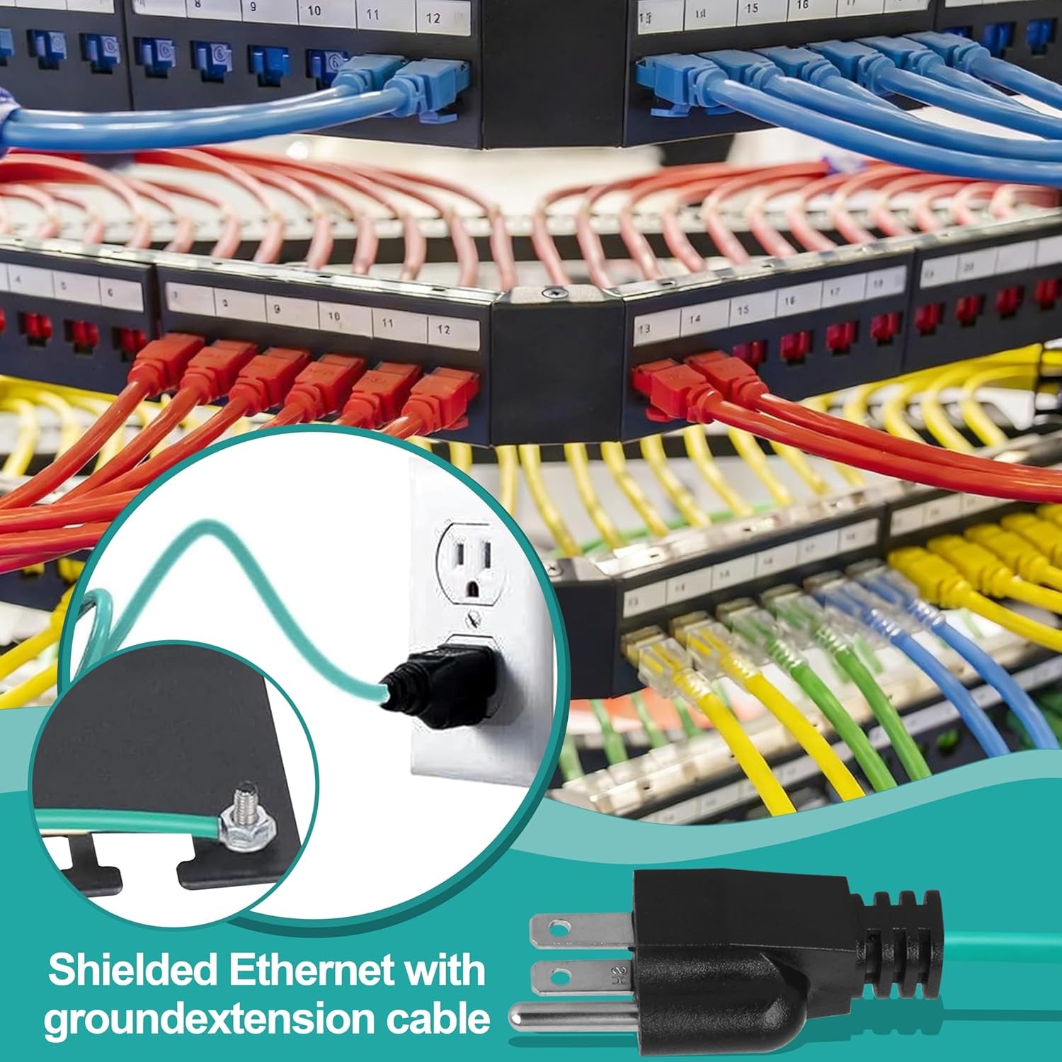 Shielded Ethernet Patch Panel Bond Ground Plug Adapter - 14 AWG 3 Prong NEMA 5-15P Ground Extension Cord, 6.6FT(2M) 1 Pack for Electricians & DIY