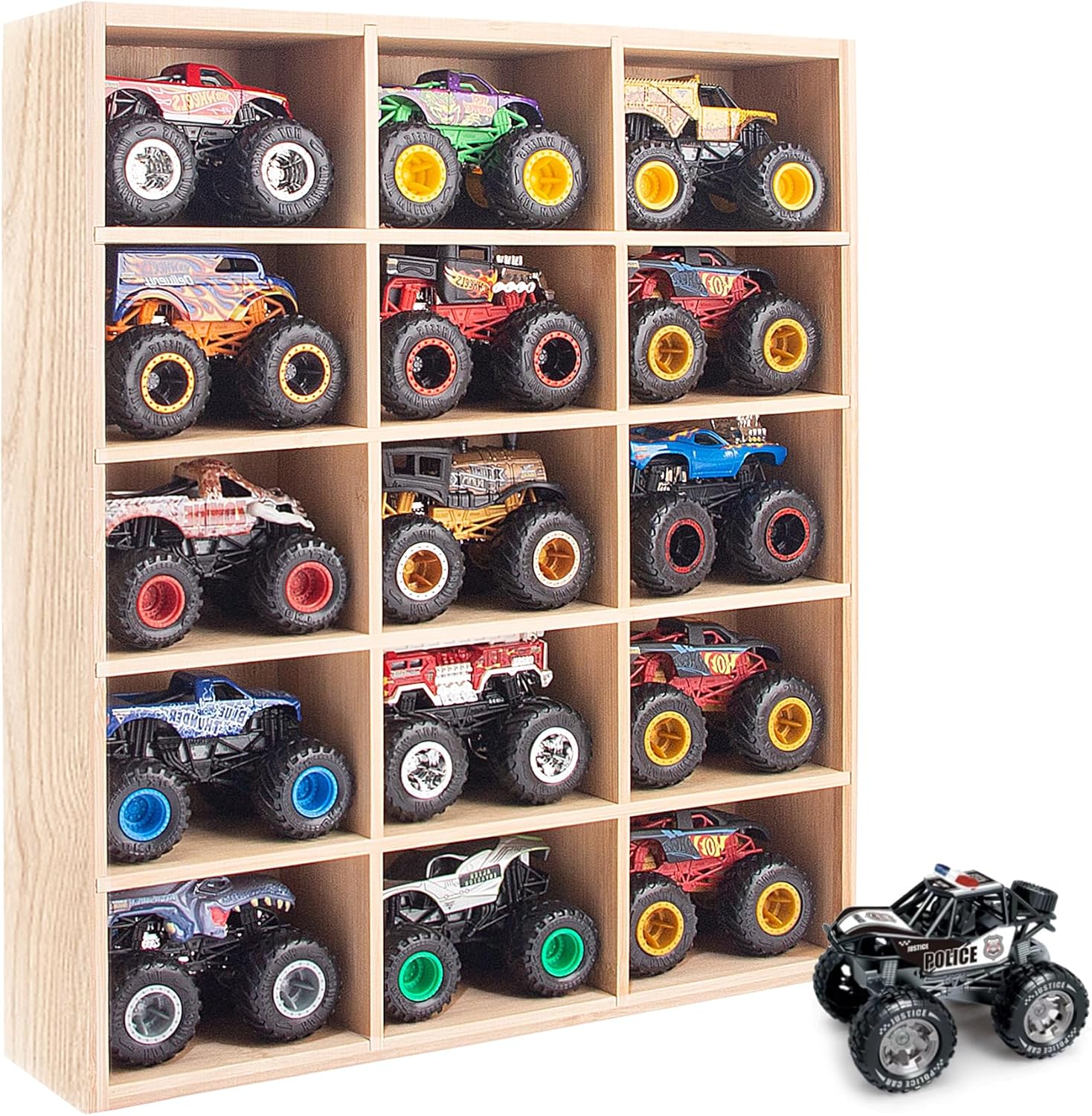Wood Monster Trucks Display Case, 15-Slot Organizer for Monster Trucks Storage - Detachable Shelves, Wall-Mountable with Hanging Screws Included (Wood)