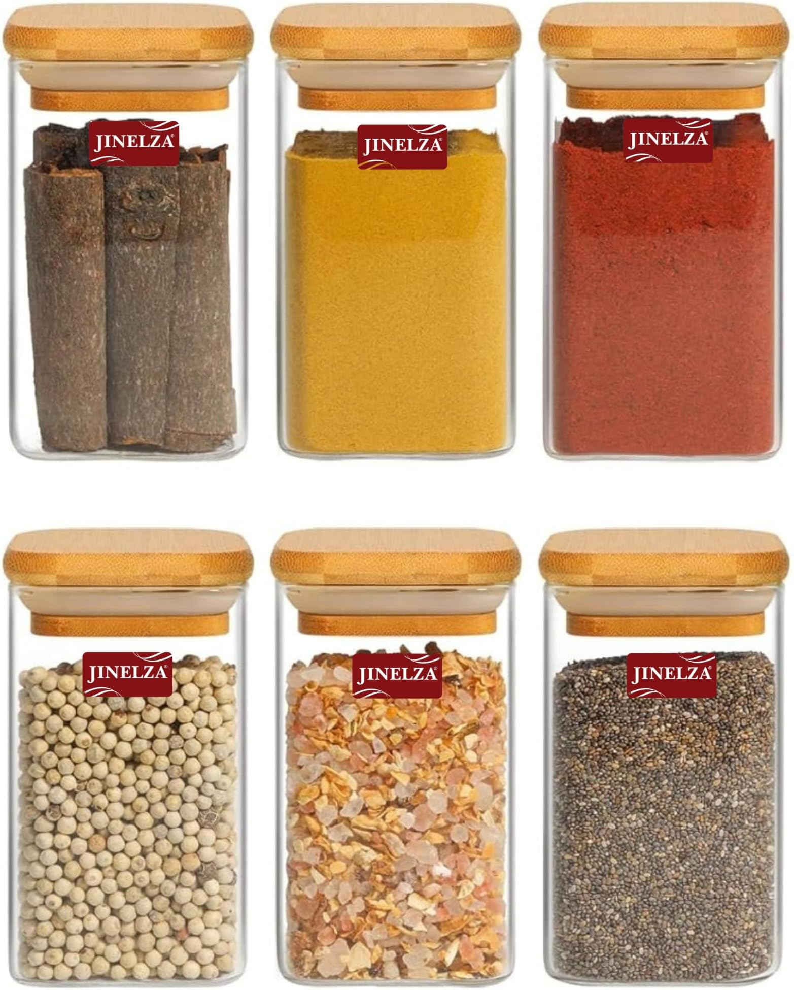 270 ml Glass Jars with wooden lid Glass Jar set food storage containers Borosilicate Glass Jar Set/Suit for Sugar, Salt, Coffee, Tea, and Other Dry Food Storage (270ML SQUARE JAR, 6 PCS)