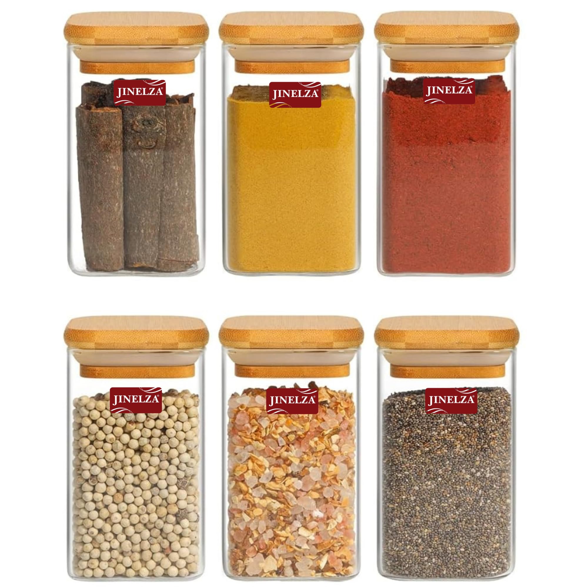 Jinelza 270 ml glass jars with wooden lid glass jar set food storage containers Borosilicate Glass Jar Set/Suit for Sugar, Salt, Coffee, Tea, and Other Dry Food Storage (270ML SQUARE JAR, 6 PCS)
