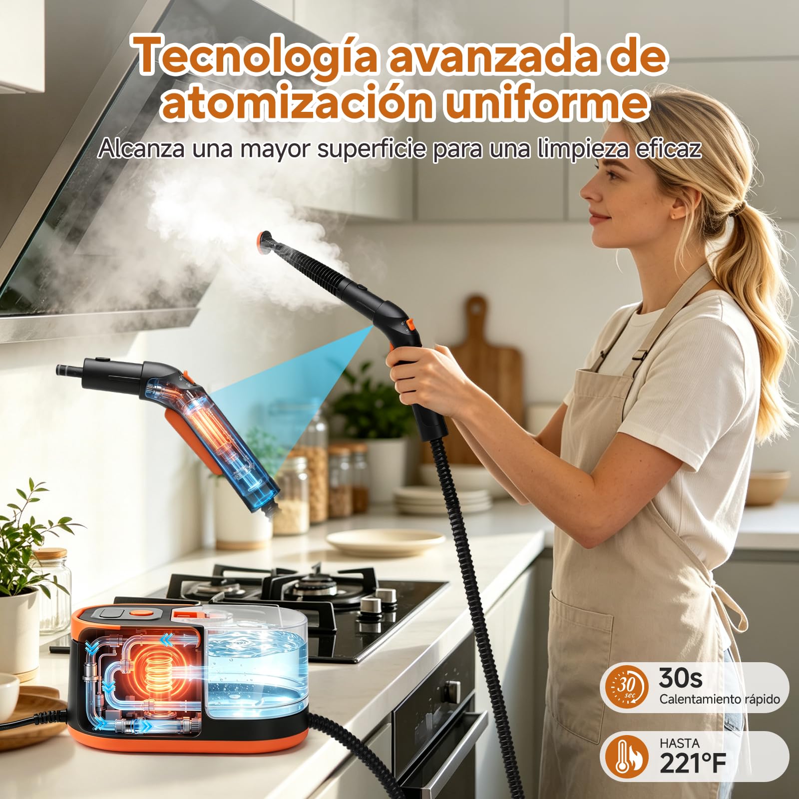 Vaporeta Limpieza Hogar 105°C Alta Presión con Depósito Extraíble 1,5L | Calentamiento en 30s, 3 niveles de vapor y depósito extraíble de 1,5 L para limpiar cocina, baño, coche y tapicerías.